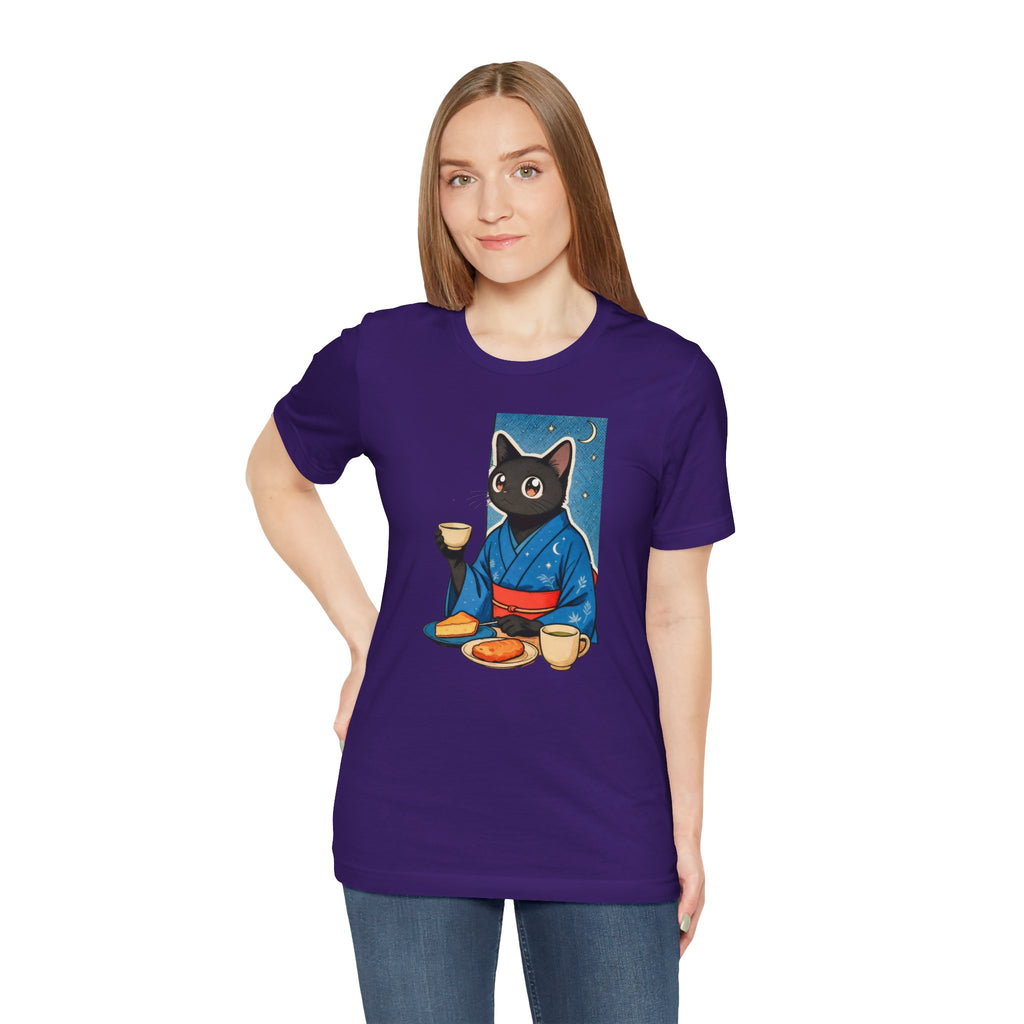 Midnight Tea Cat Shirt - Japanese Kimono Black Cat Tee | Cozy Night Aesthetic