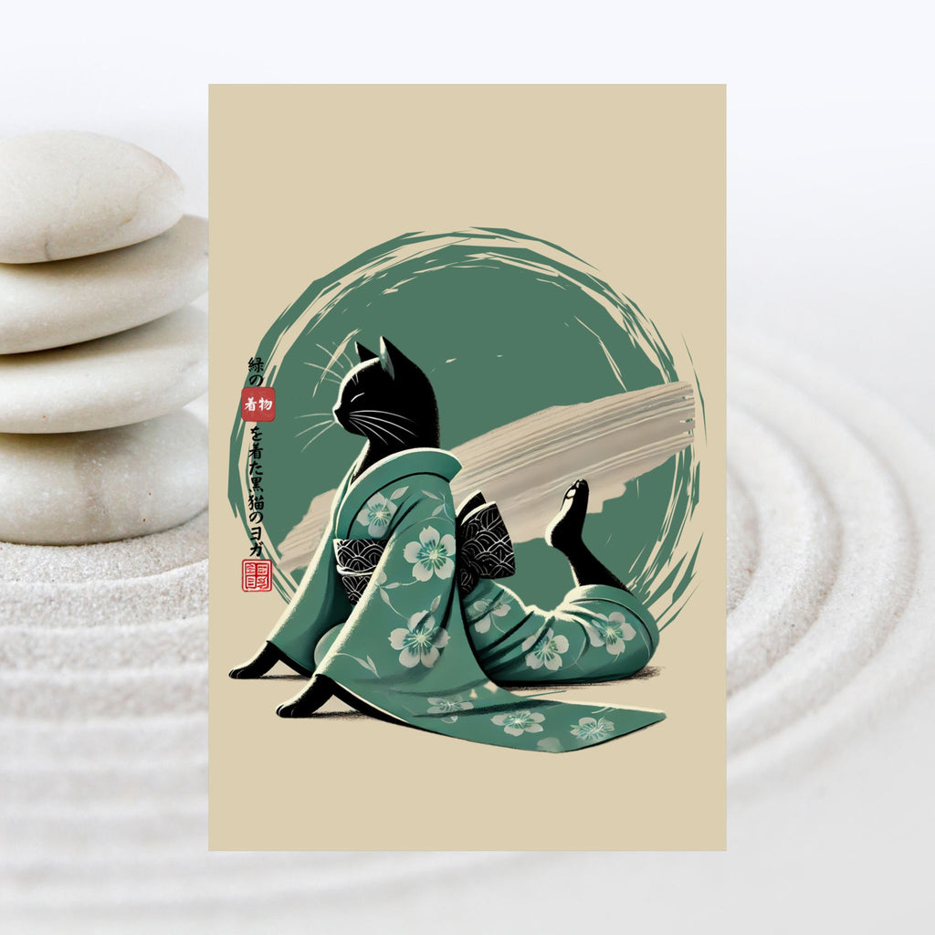 Yoga Black Cat in Green Kimono - Japanese Art Print