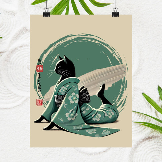 Yoga Schwarze Katze im grünen Kimono - Japanisch inspirierter Kunstdruck, Ruhige Katzenwandkunst, Zen-Wohndekor
