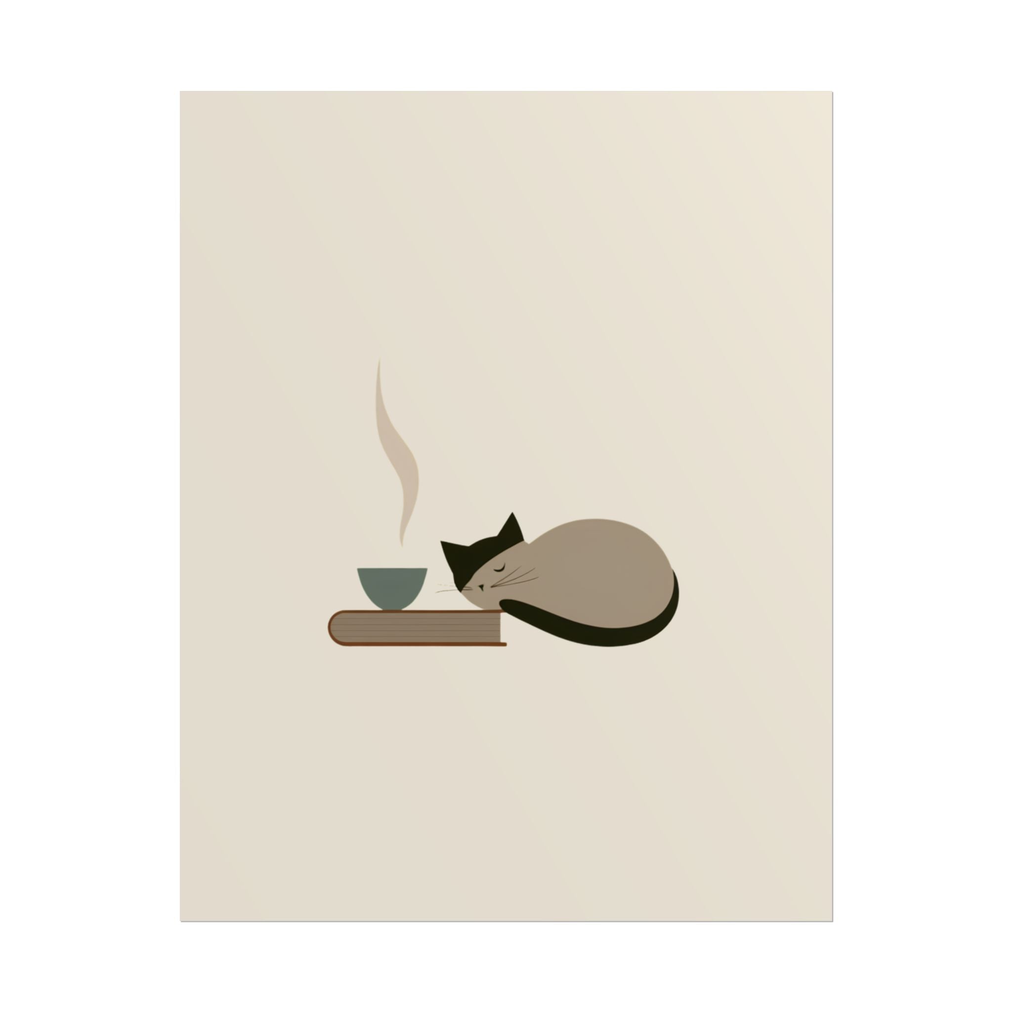 Minimalist Cat Nap Poster – Cozy Tea & Book Wall Art
