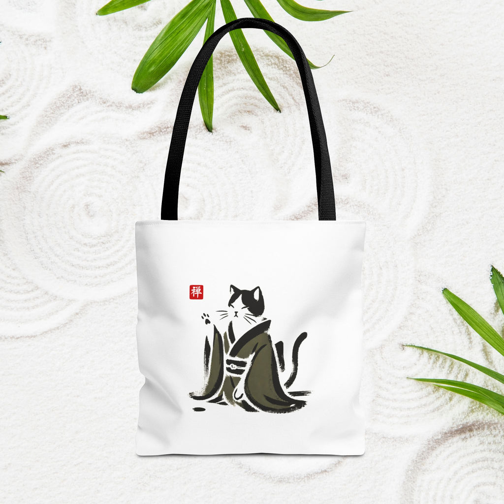 Zen Cat Tote Bag — Japanese Sumi-e Style Cat Illustration
