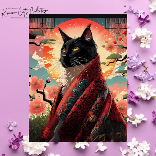 Königliche schwarze Katze im Kimono – Rote Sonne Wandkunst 🐾🌸
