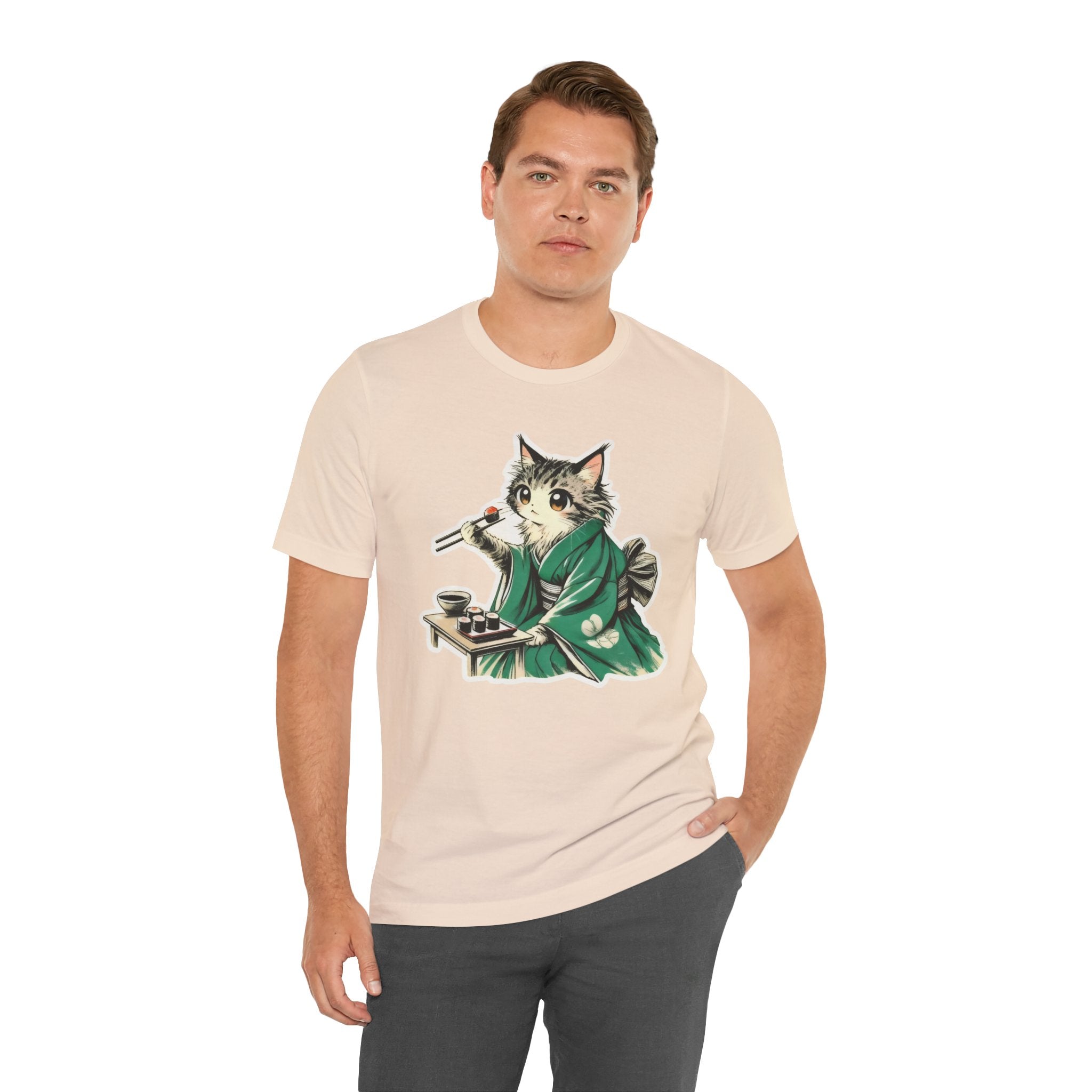 Kat Wearing Kimono Eating Sushi T-Shirt | Cute Japanese Cat Illustration
