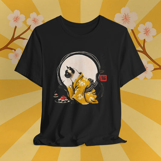 Siamese Cat Tee - Kimono Cat Eating Sushi T-Shirt, Japanese Neko