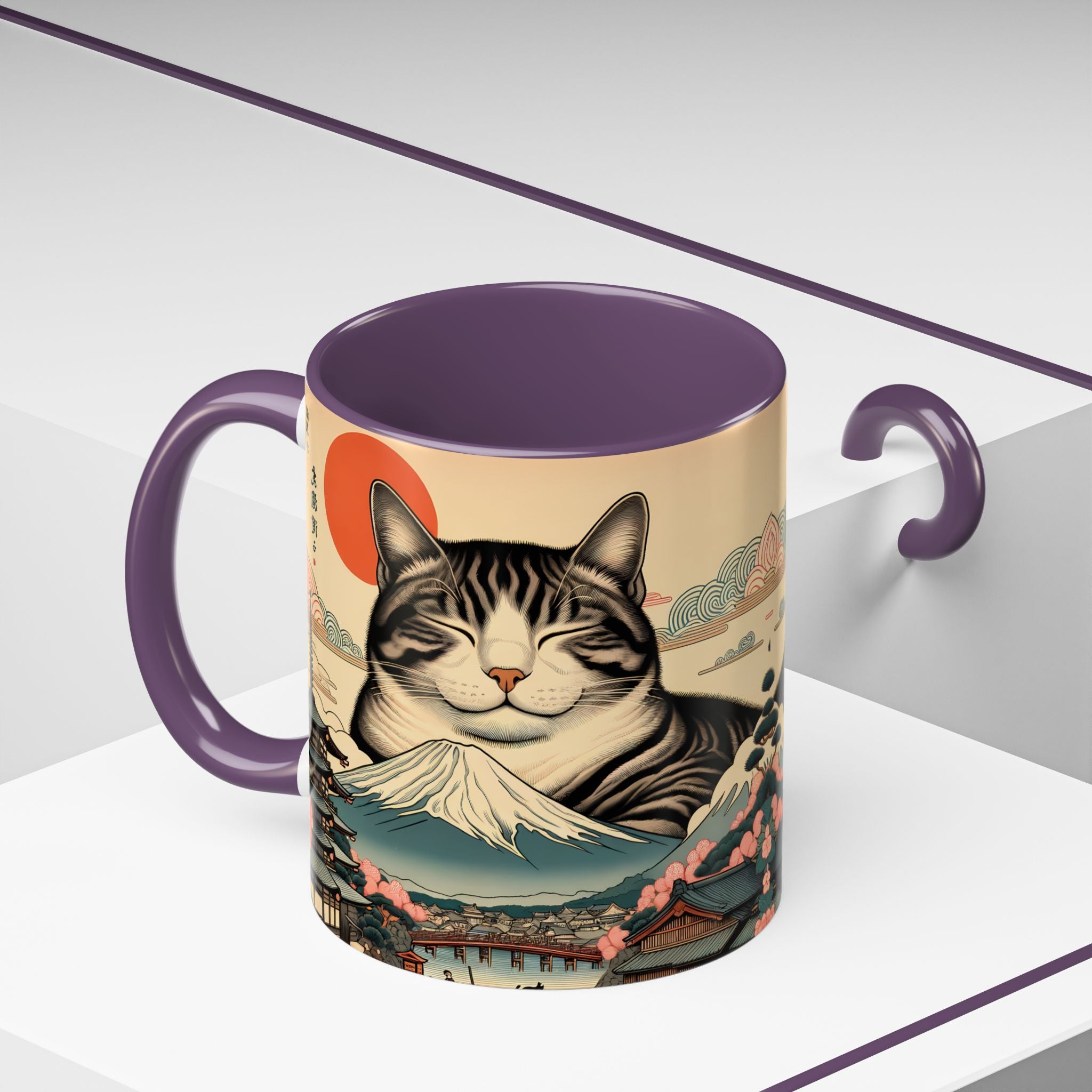 Japanese Fuji Cat Mug - Ukiyo-e Style Gift for Cat Lovers, Pet Mom Coffee Cup, Sleepy Neko Art Design