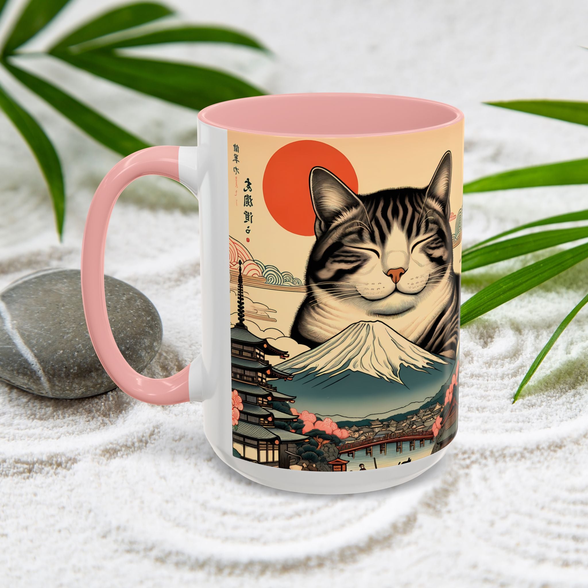 Japanese Fuji Cat Mug - Ukiyo-e Style Gift for Cat Lovers, Pet Mom Coffee Cup, Sleepy Neko Art Design