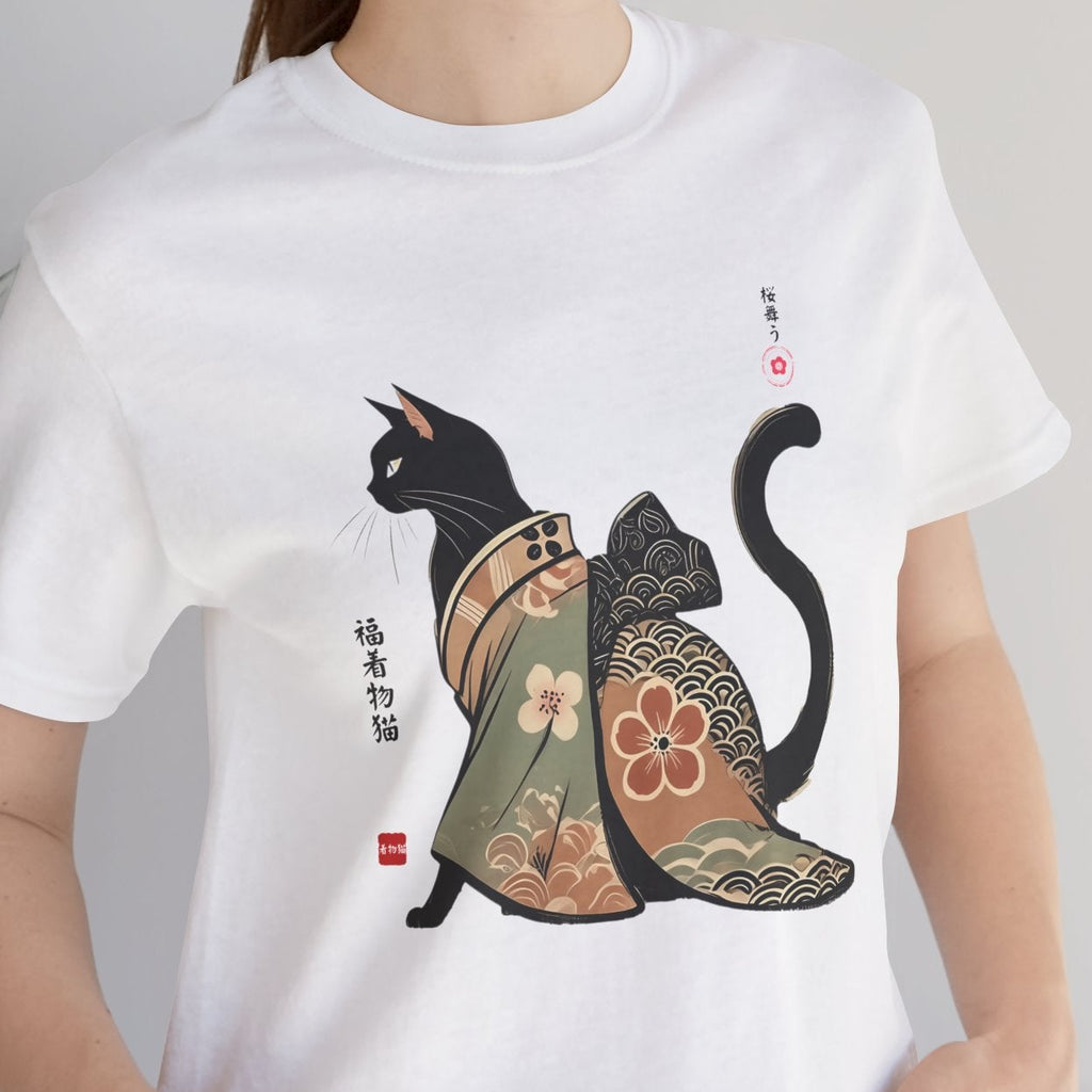 Person wearing a white t-shirt with a black cat in traditional Japanese kimono design.