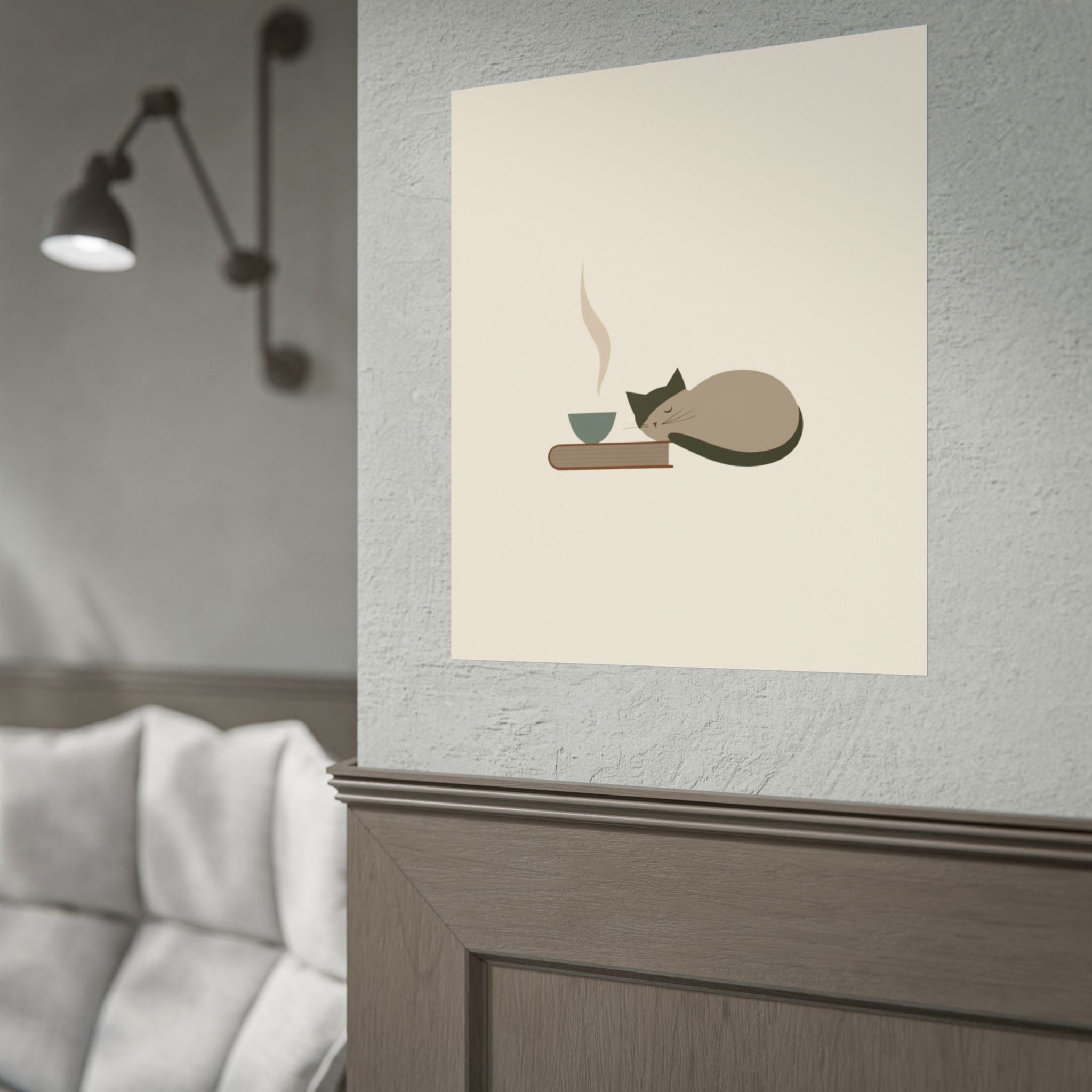 Minimalist Cat Nap Poster – Cozy Tea & Book Wall Art