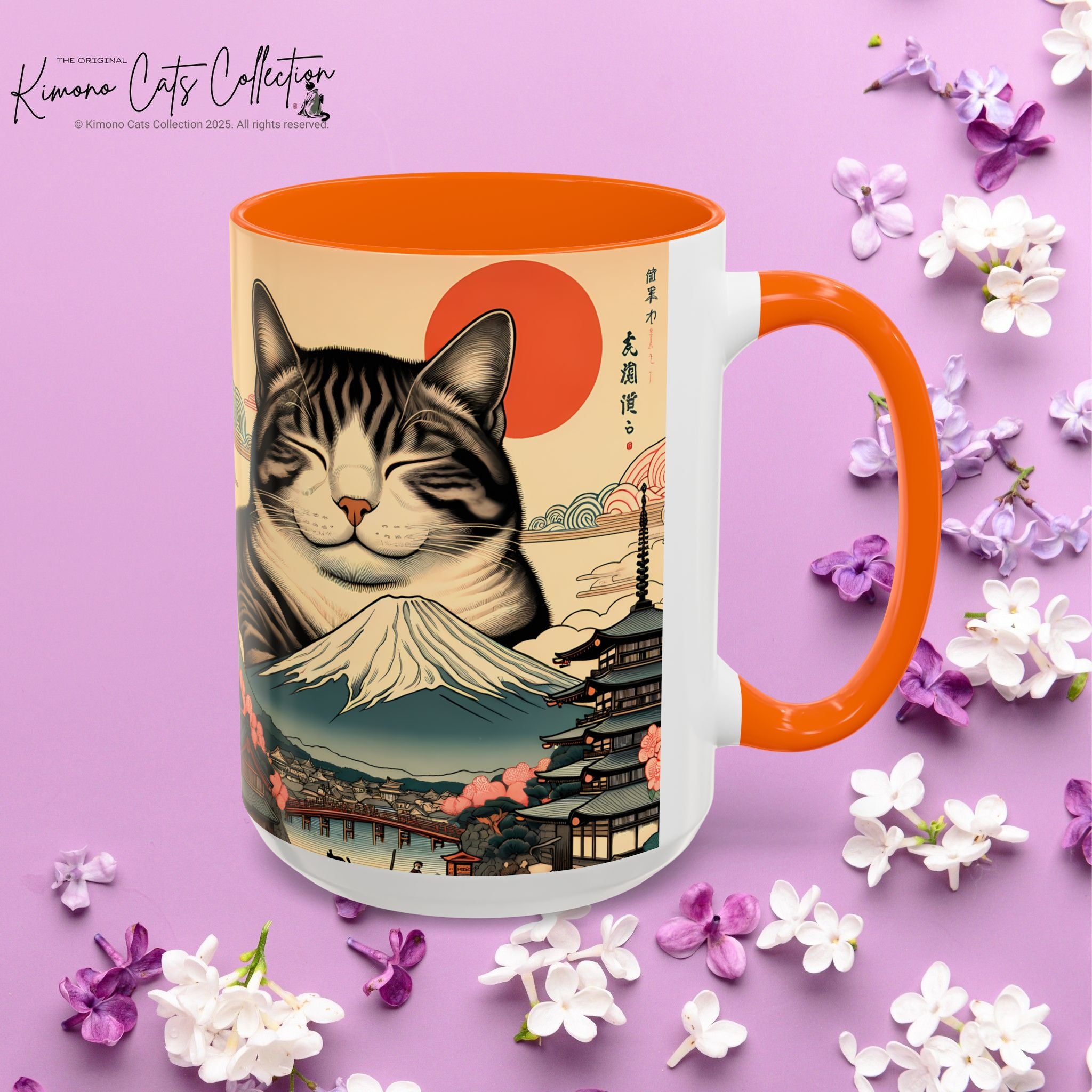 Japanese Fuji Cat Mug - Ukiyo-e Style Gift for Cat Lovers, Pet Mom Coffee Cup, Sleepy Neko Art Design