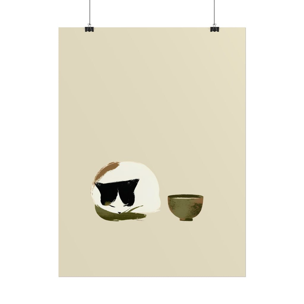 Minimal Cat and Tea Poster — Cute Calico Cat with Tea Cup Wall Art