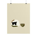 Minimal Cat and Tea Poster — Cute Calico Cat with Tea Cup Wall Art