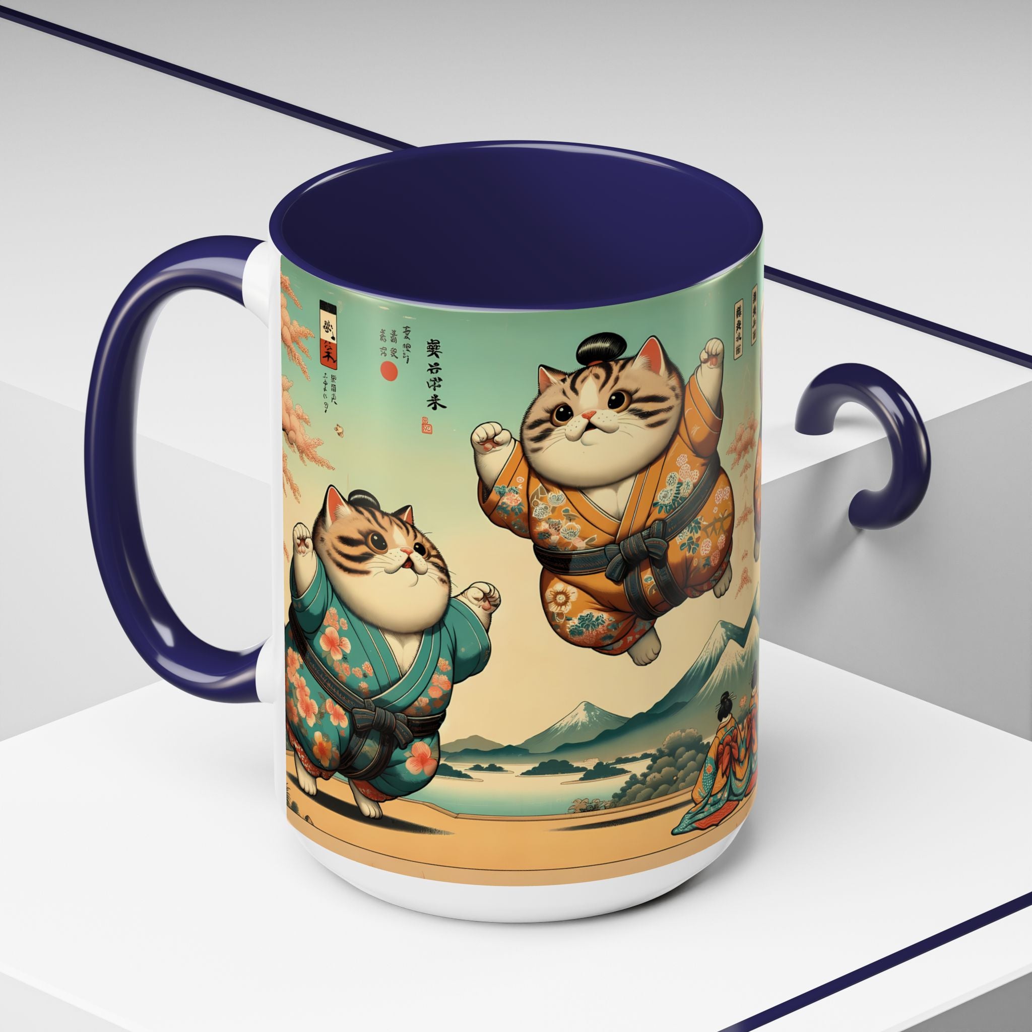 Sumo Cats Mug with Japanese Cherry Blossoms Design - Kimono Cats Collection
