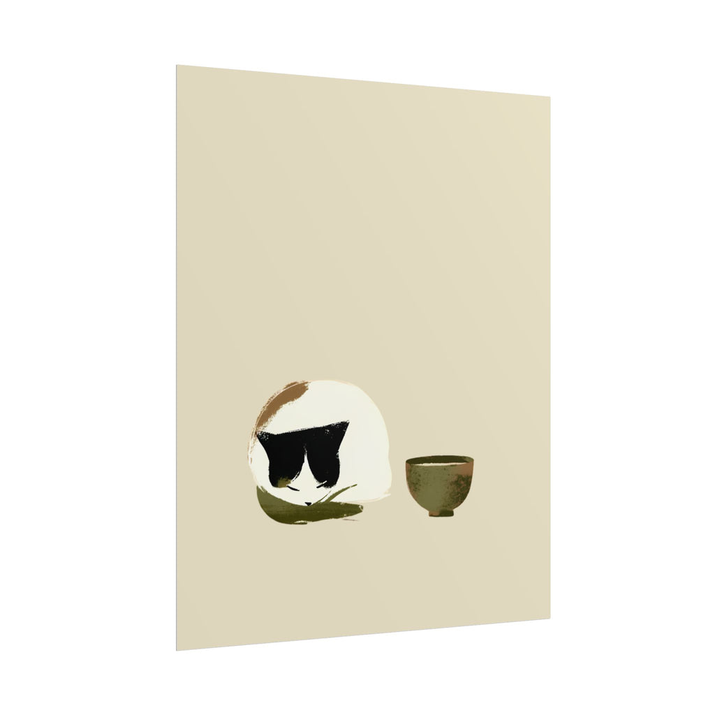 Minimal Cat and Tea Poster — Cute Calico Cat with Tea Cup Wall Art