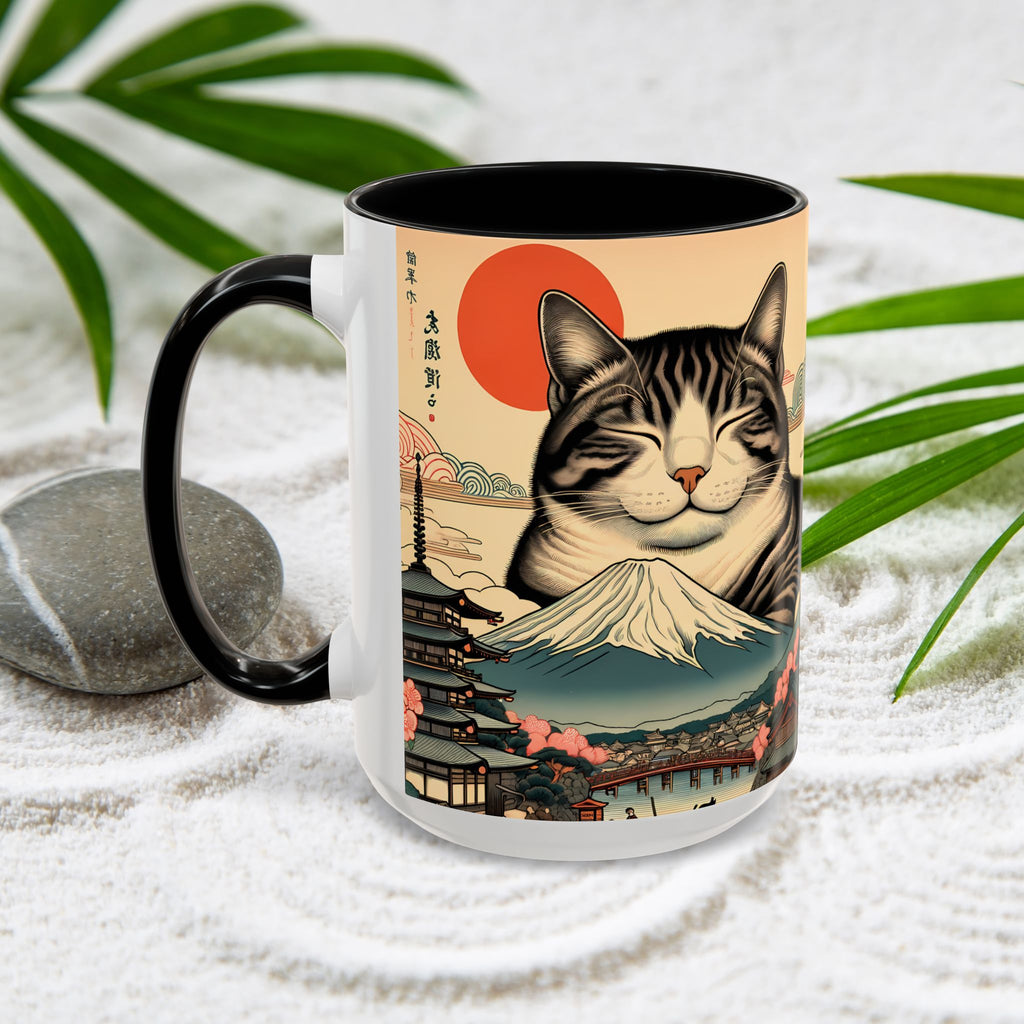 Japanese Fuji Cat Mug - Ukiyo-e Style Gift for Cat Lovers, Pet Mom Coffee Cup, Sleepy Neko Art Design