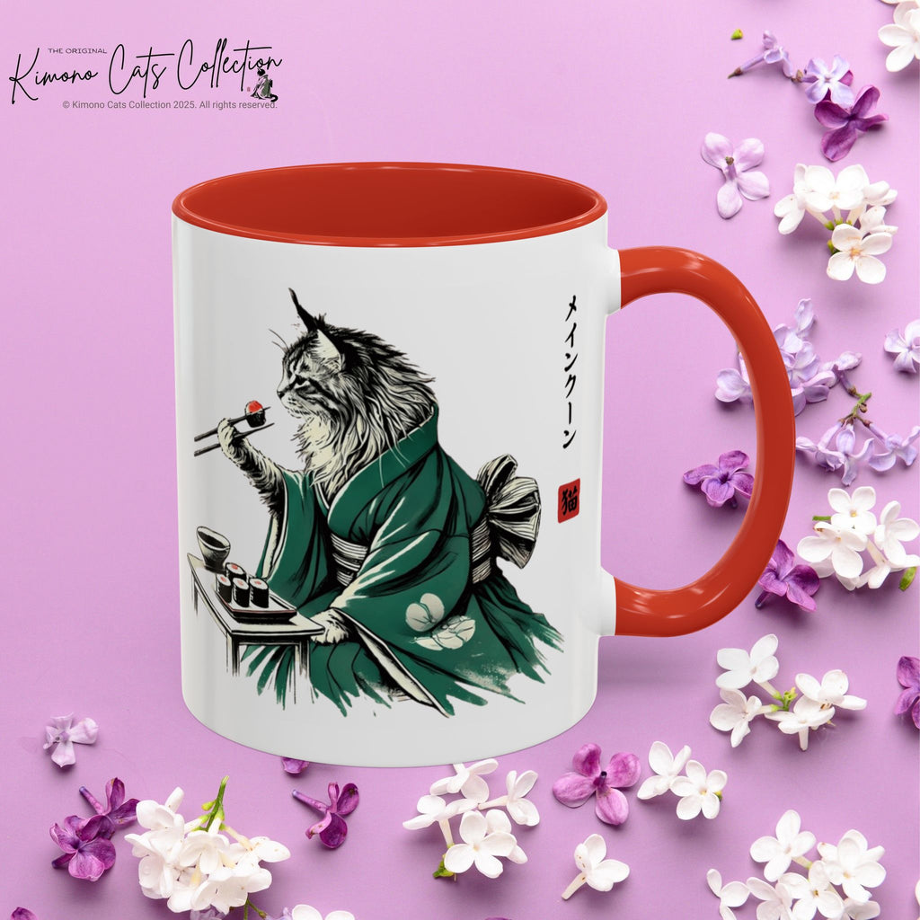 Kimono Cat Coffee Mug, Maine Coon Eating Sushi