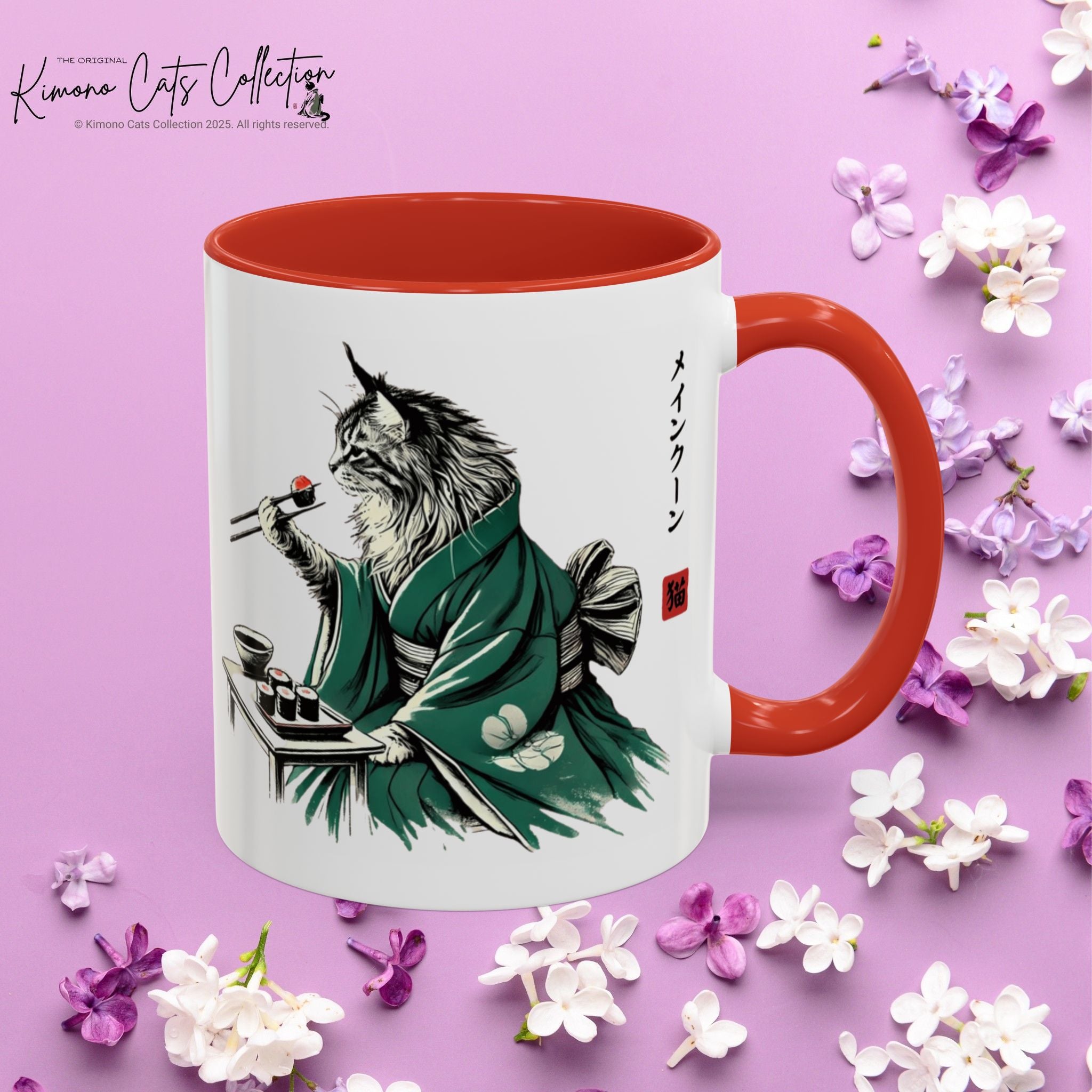 Kimono Cat Coffee Mug, Maine Coon Eating Sushi