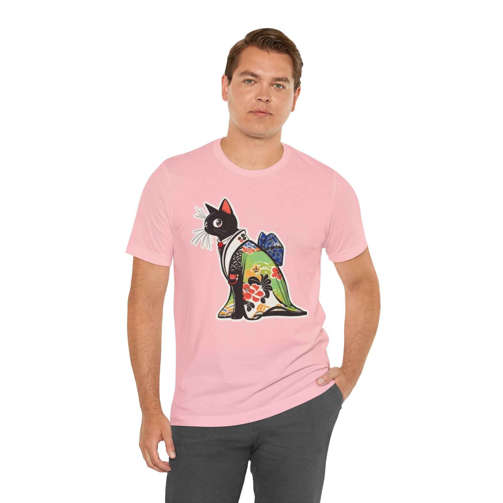 Cat Kimono T‑Shirt — Japanese Floral Black Cat Graphic Tee