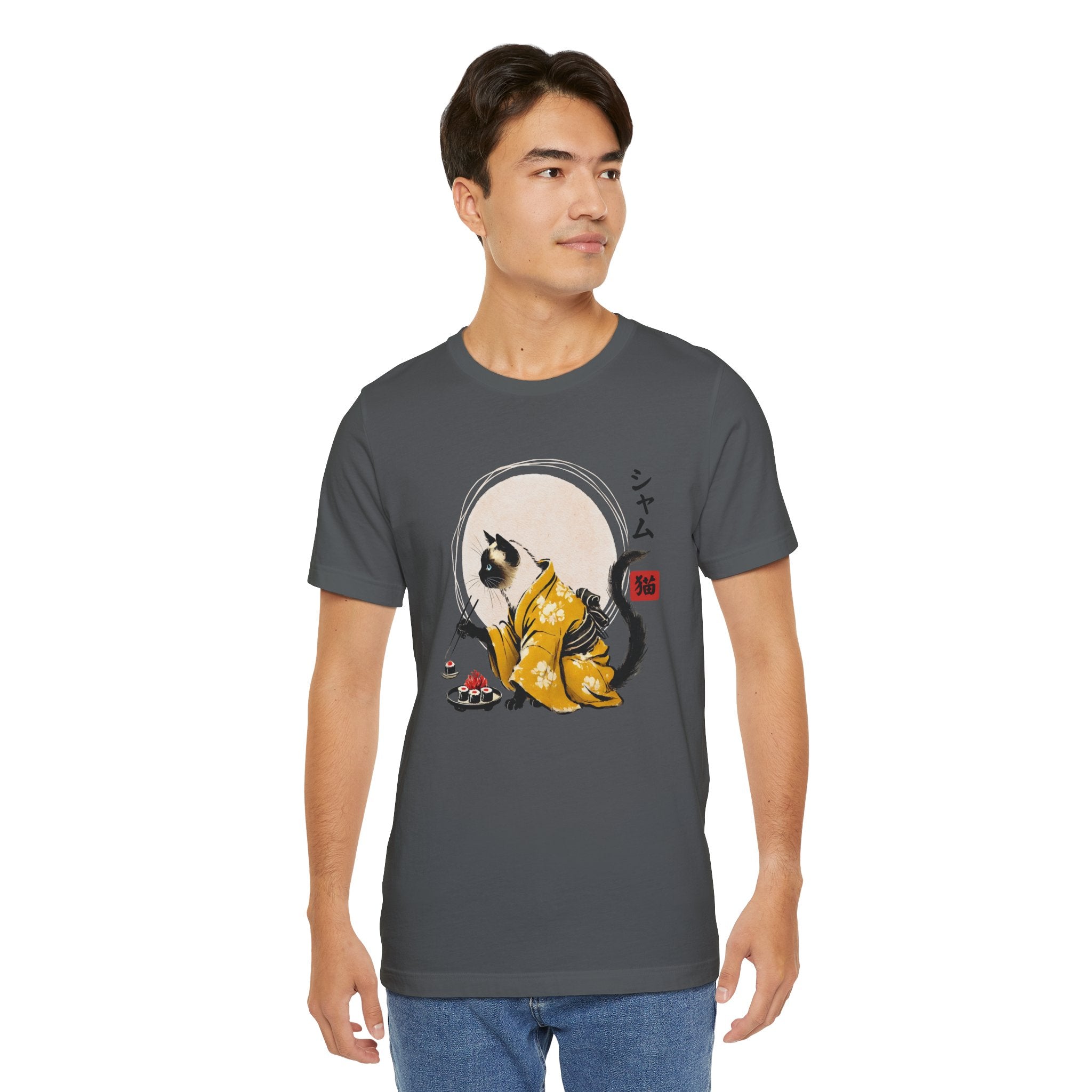 Siamese Cat Tee - Kimono Cat Eating Sushi T-Shirt, Japanese Neko