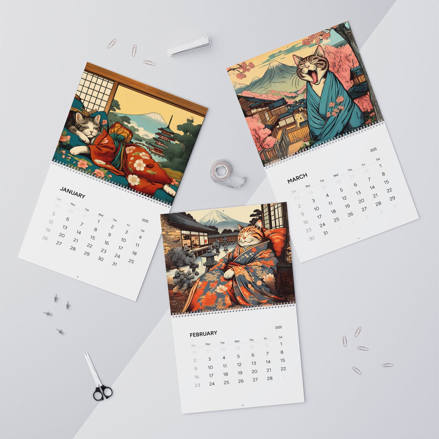 Wandkalender 2025: Schläfrige Katzen aus Edo, Japan