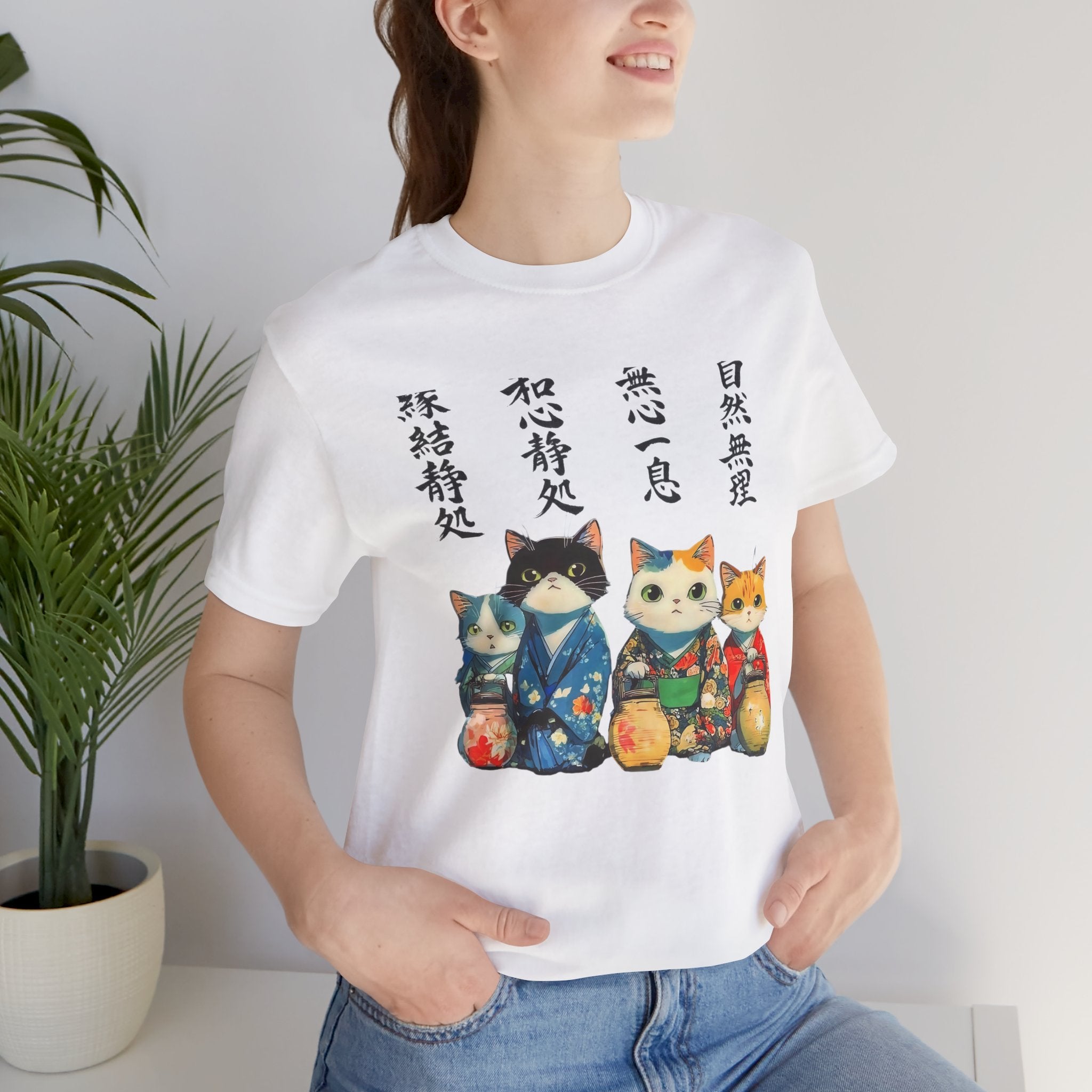 Zen Cats in Kimono Short Sleeve Tee | Japanese Lanterns, Watercolor Calligraphy
