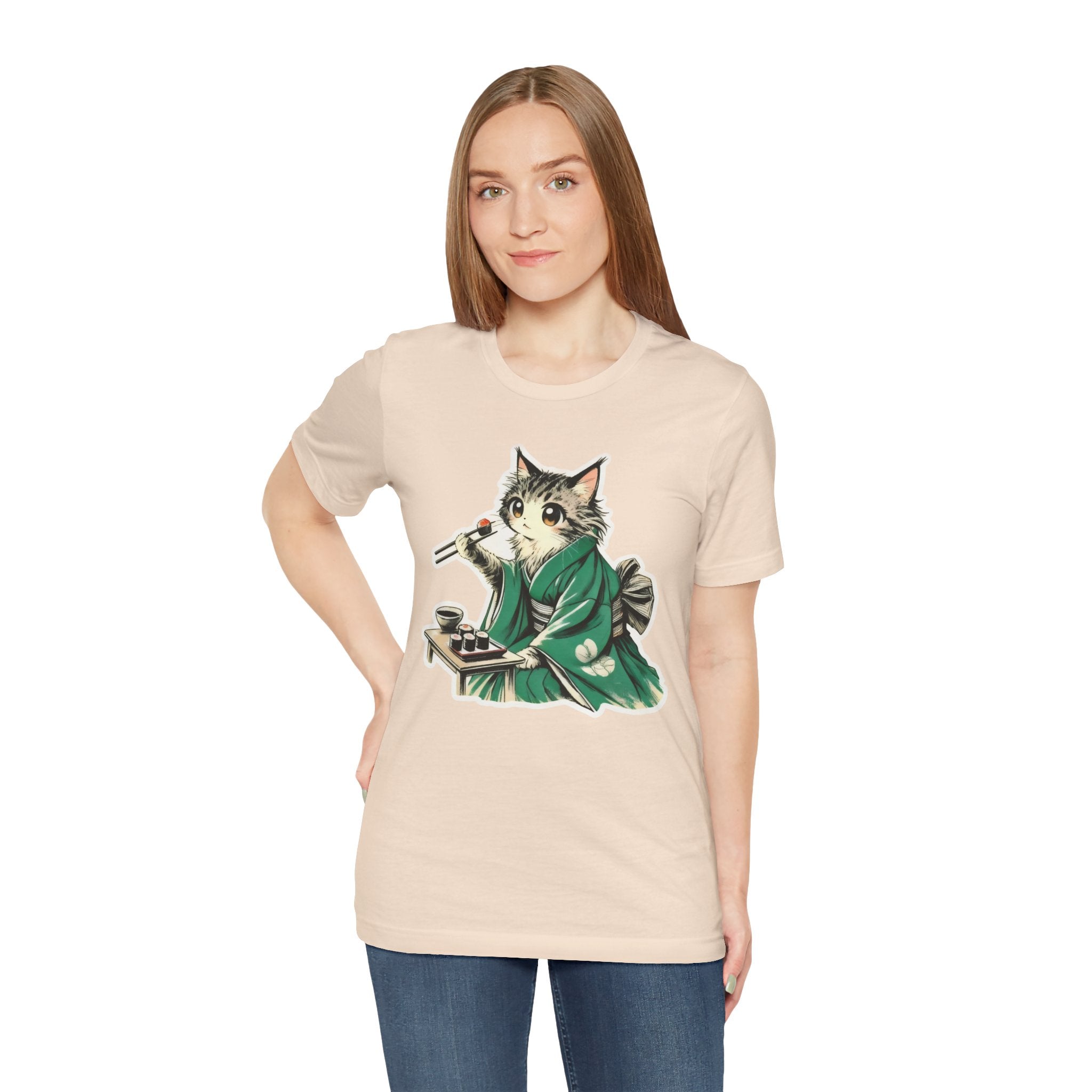 Kat Wearing Kimono Eating Sushi T-Shirt | Cute Japanese Cat Illustration