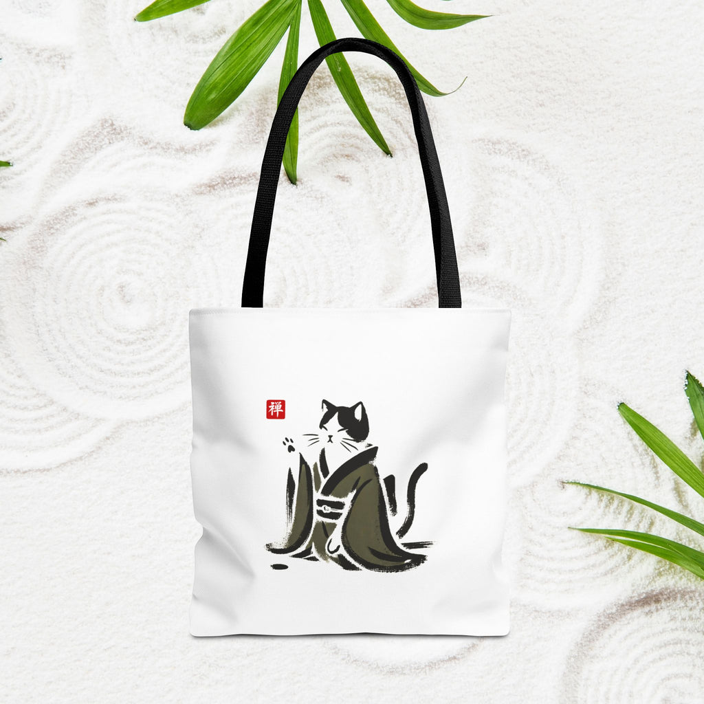 Zen Cat Tote Bag — Japanese Sumi-e Style Cat Illustration