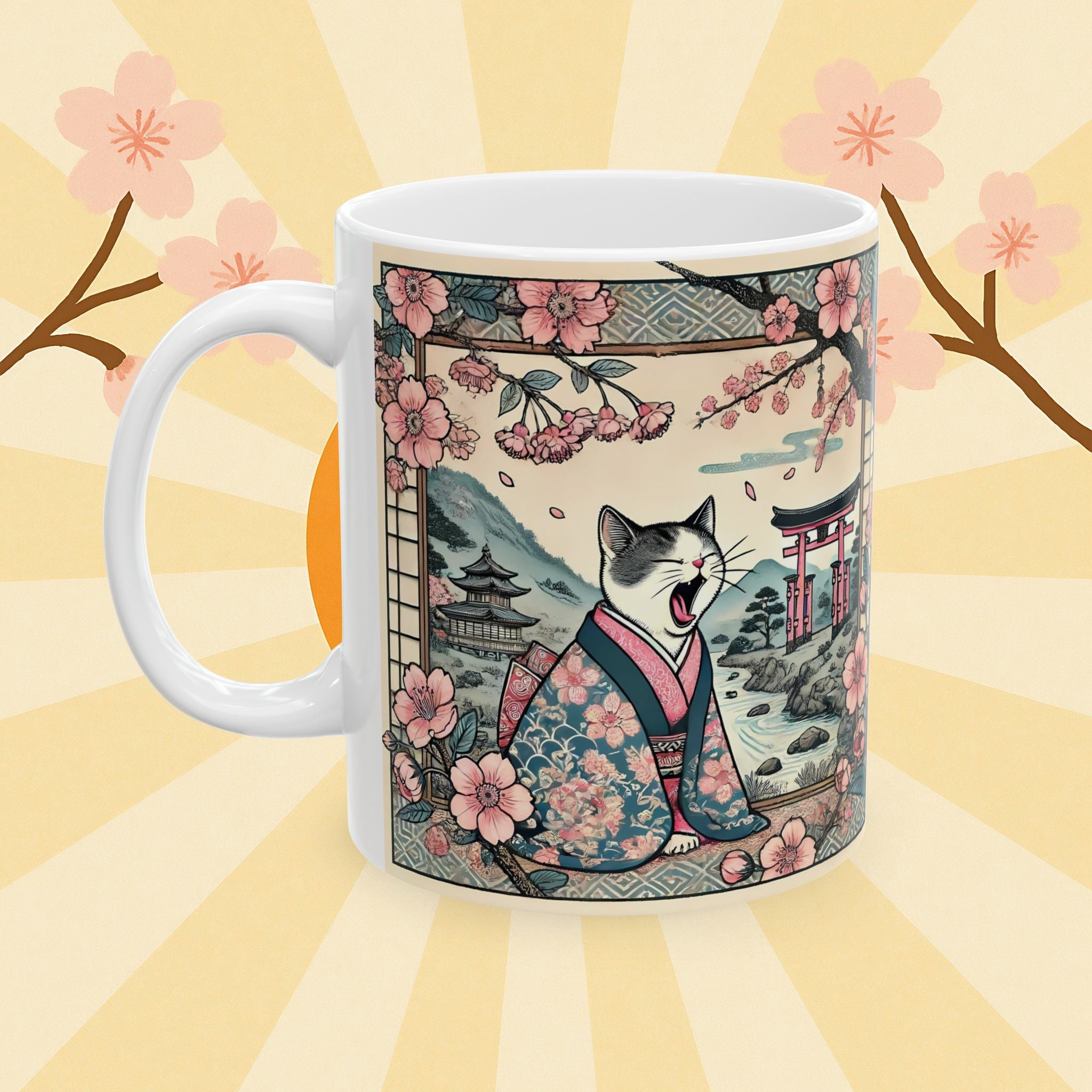 Cute Geisha Cat Mug - Charming Ceramic Drinkware for Cat Lovers - Kimono Cats Collection