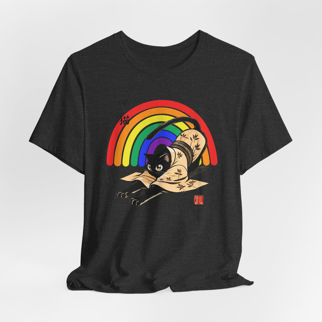 Rainbow Kuro Neko T-Shirt | Yoga Cat Shirt in Black Cat Kimono Design - Kimono Cats Collection