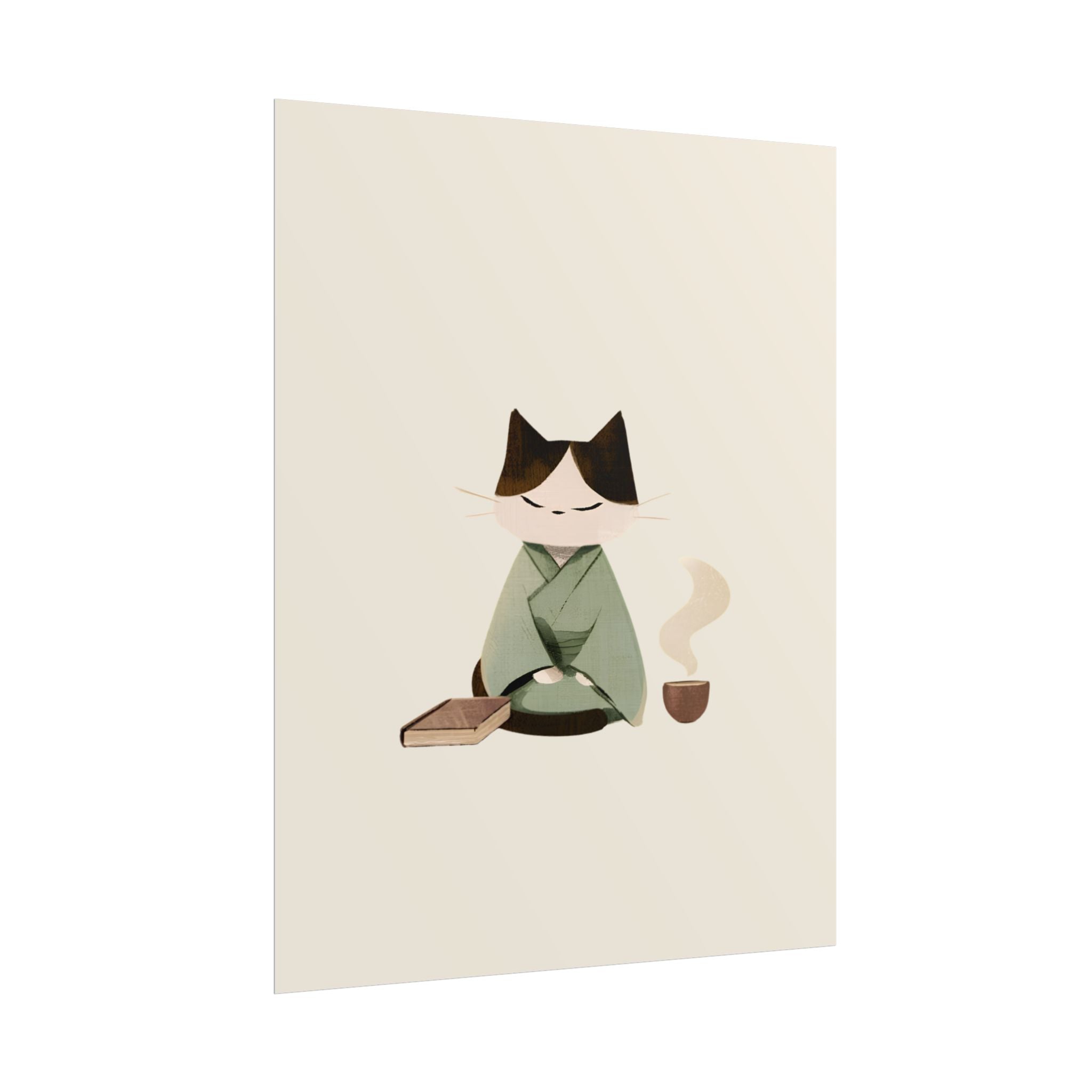 Zen Cat Tea Poster — Minimalist Rolled Art Print