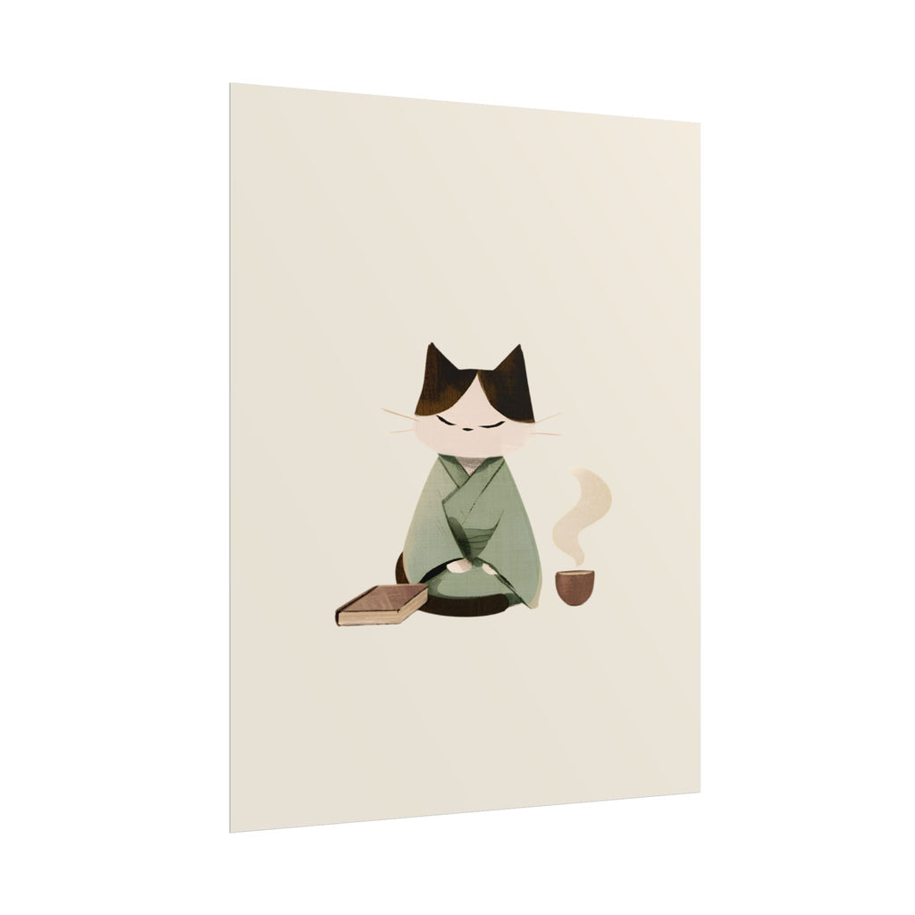 Zen Cat Tea Poster — Minimalist Rolled Art Print