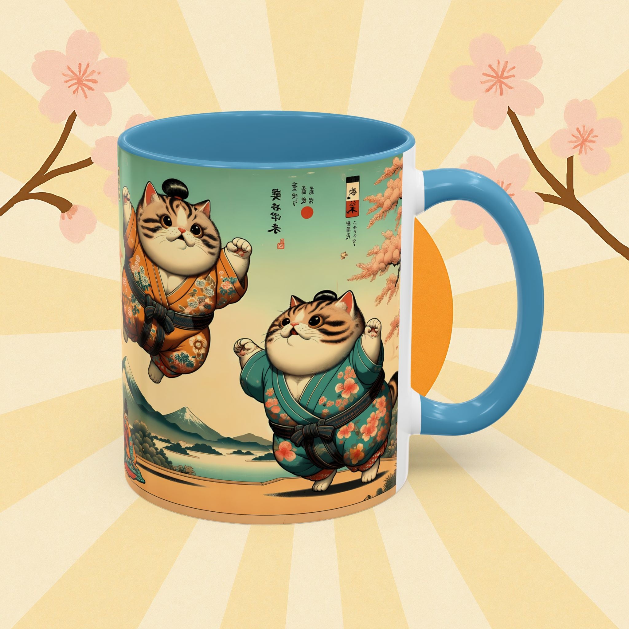 Sumo Cats Mug with Japanese Cherry Blossoms Design - Kimono Cats Collection