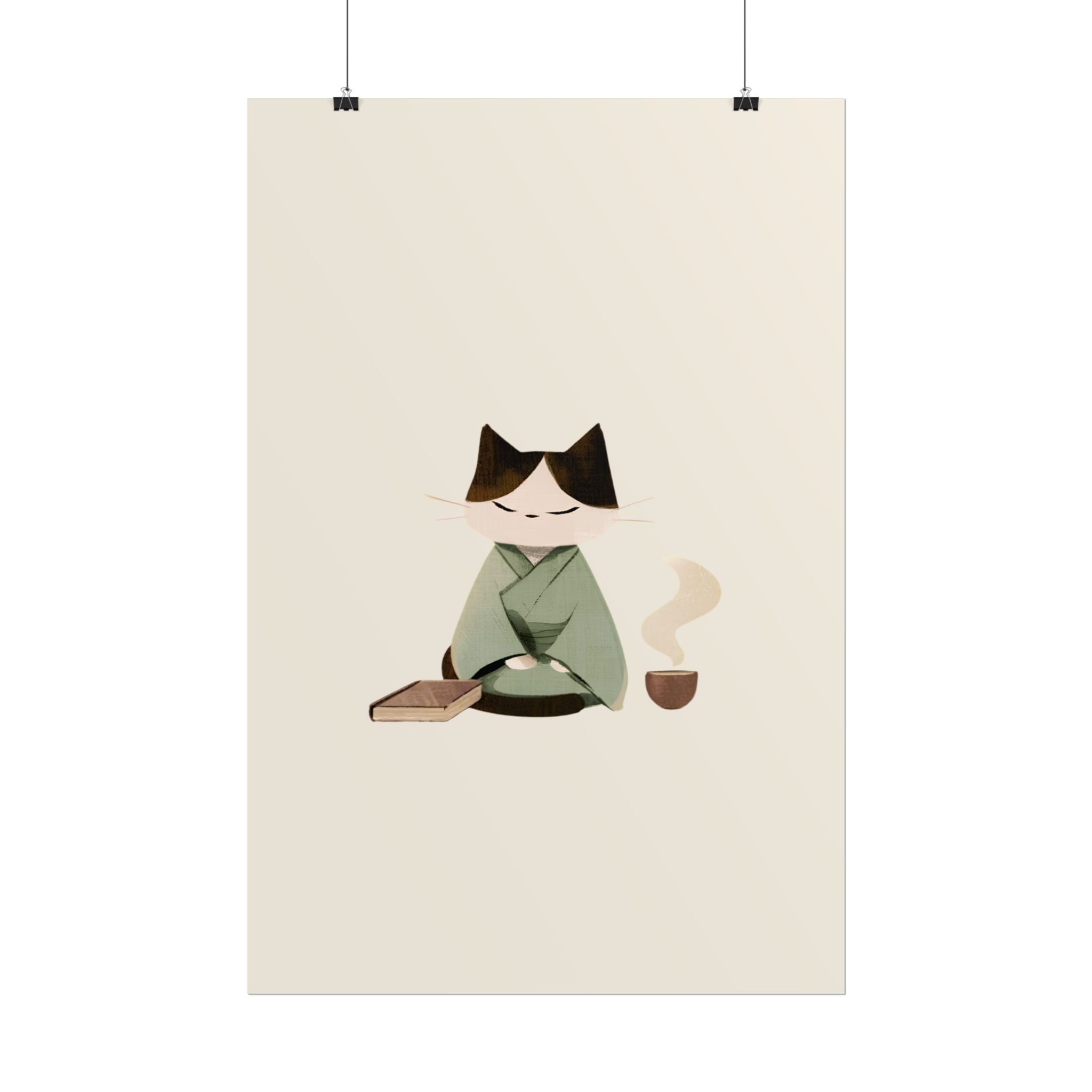 Zen Cat Tea Poster — Minimalist Rolled Art Print