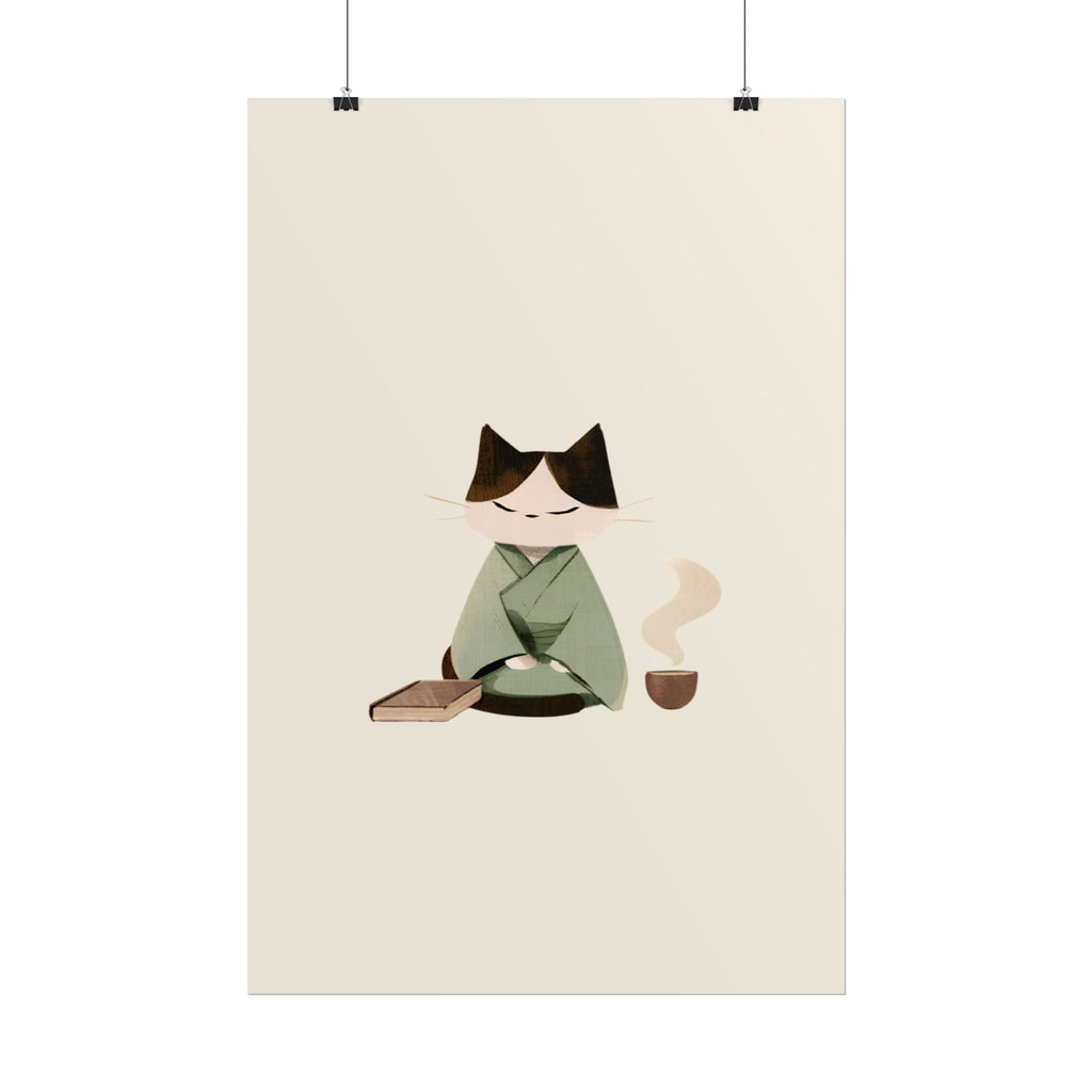 Zen Cat Tea Poster — Minimalist Rolled Art Print