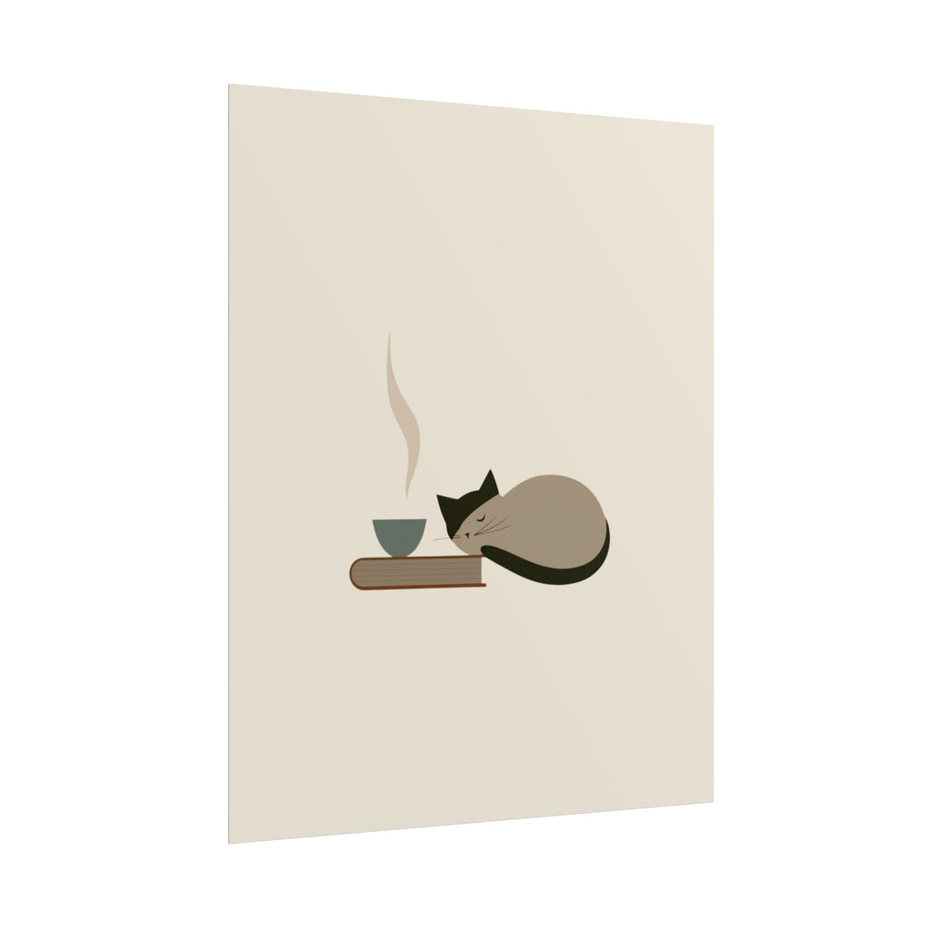 Minimalist Cat Nap Poster – Cozy Tea & Book Wall Art