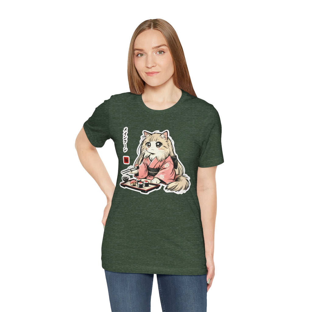 Sushi Lover Cat Shirt - Kawaii Kimono Tee, Maine Coon