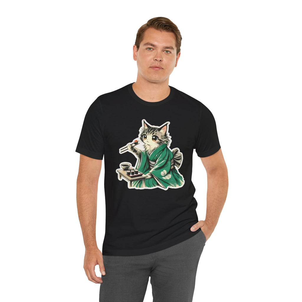 Kat Wearing Kimono Eating Sushi T-Shirt | Cute Japanese Cat Illustration
