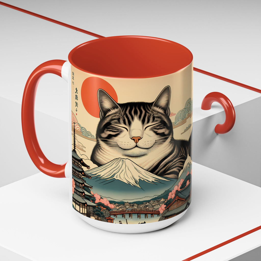 Japanese Fuji Cat Mug - Ukiyo-e Style Gift for Cat Lovers, Pet Mom Coffee Cup, Sleepy Neko Art Design