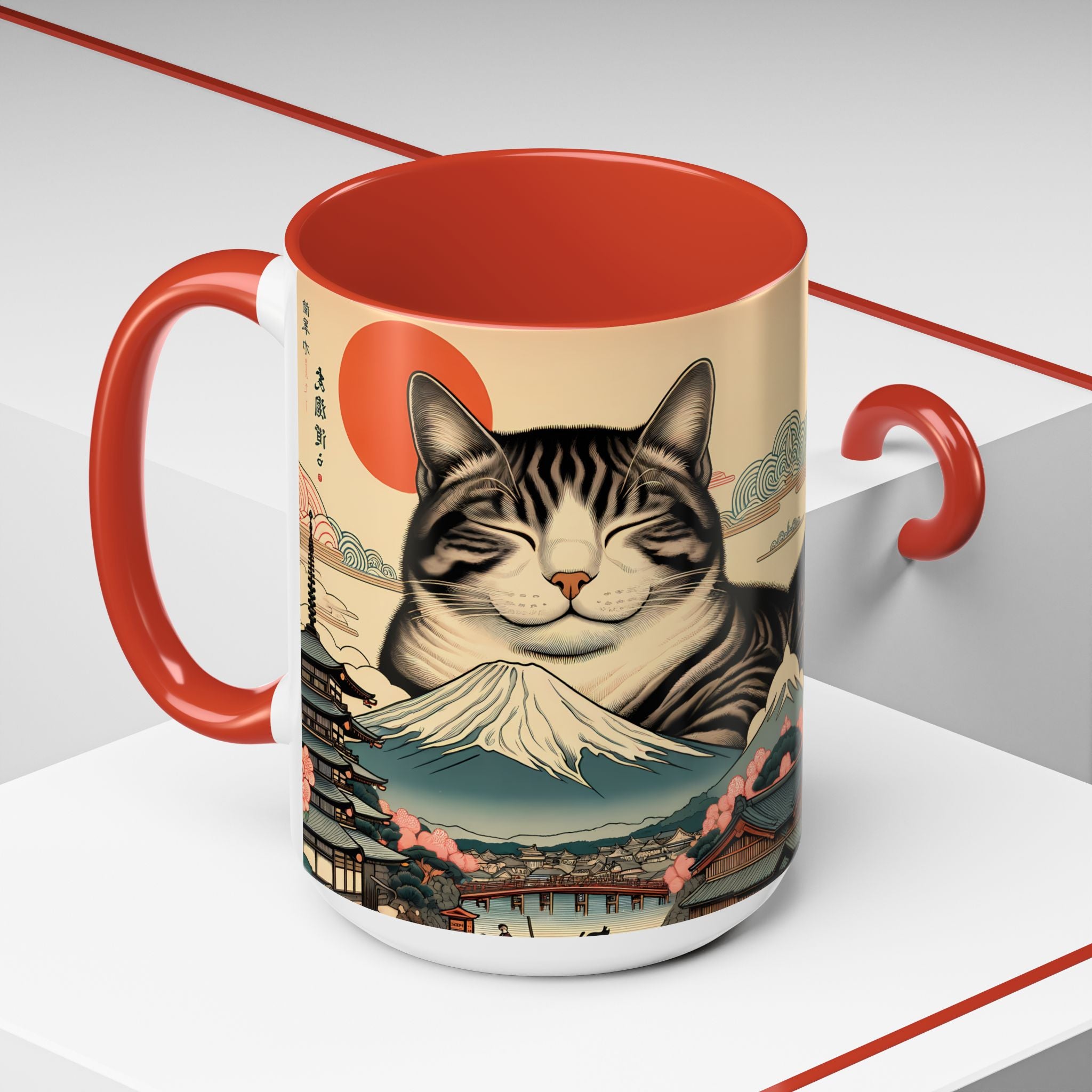 Japanese Fuji Cat Mug - Ukiyo-e Style Gift for Cat Lovers, Pet Mom Coffee Cup, Sleepy Neko Art Design