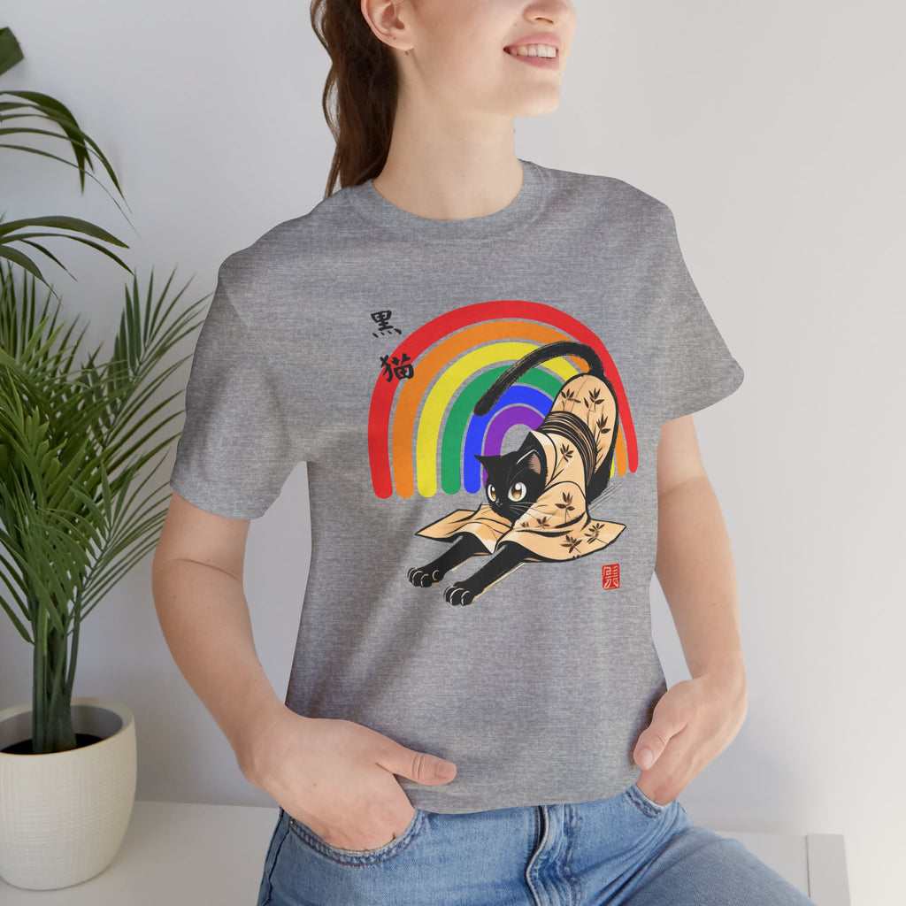 Rainbow Kuro Neko T-Shirt | Yoga Cat Shirt in Black Cat Kimono Design - Kimono Cats Collection