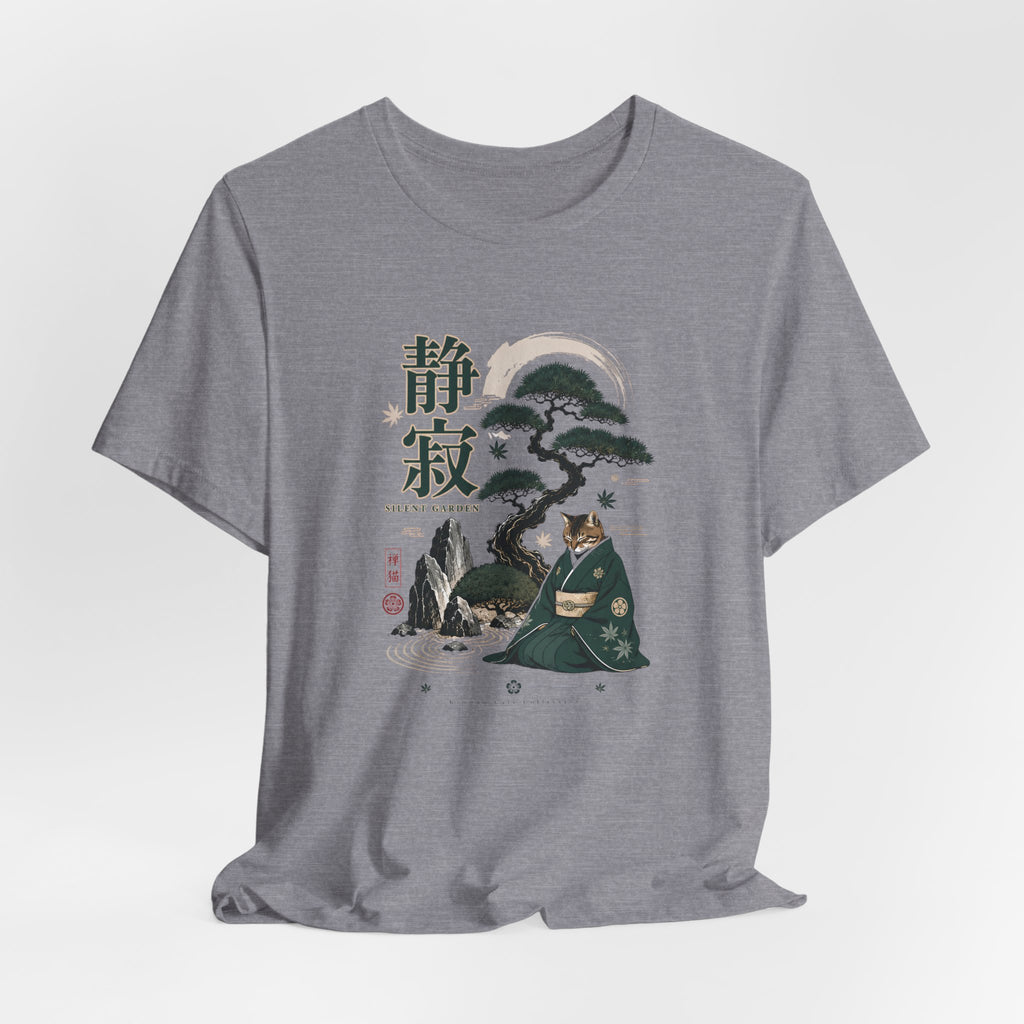 Zen Cat Monk T-Shirt | Japanese Bonsai, Tranquil Kanji Illustration