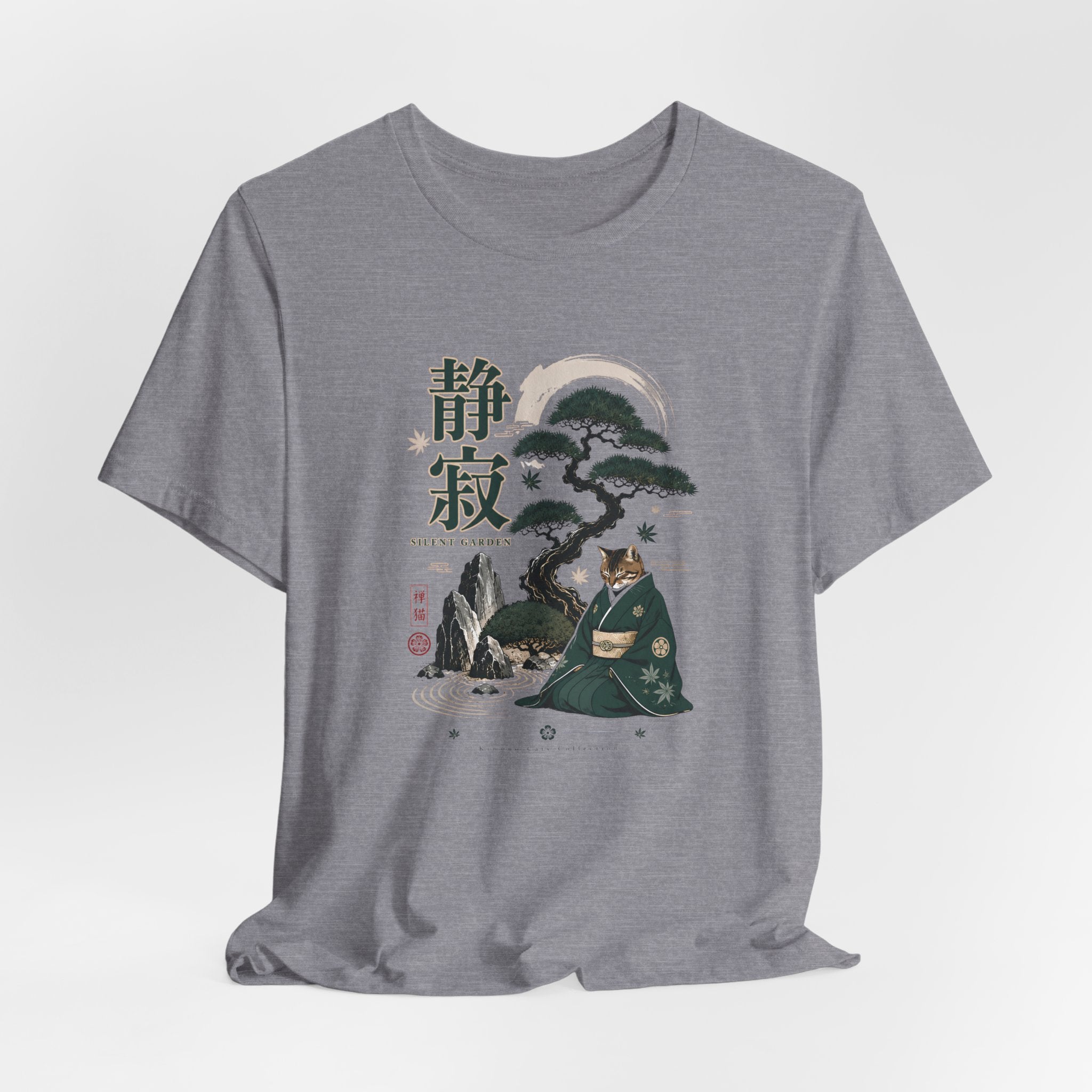 Zen Cat Monk T-Shirt | Japanese Bonsai, Tranquil Kanji Illustration