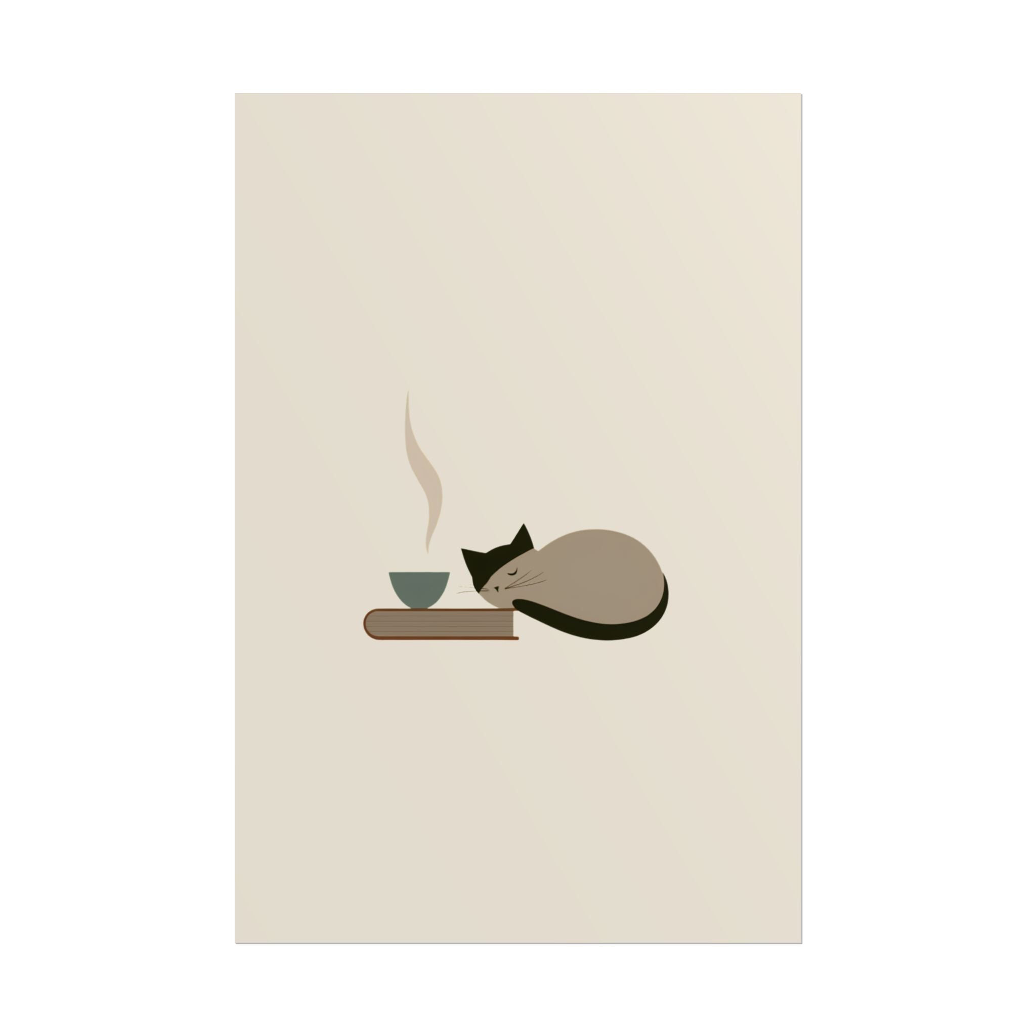 Minimalist Cat Nap Poster – Cozy Tea & Book Wall Art