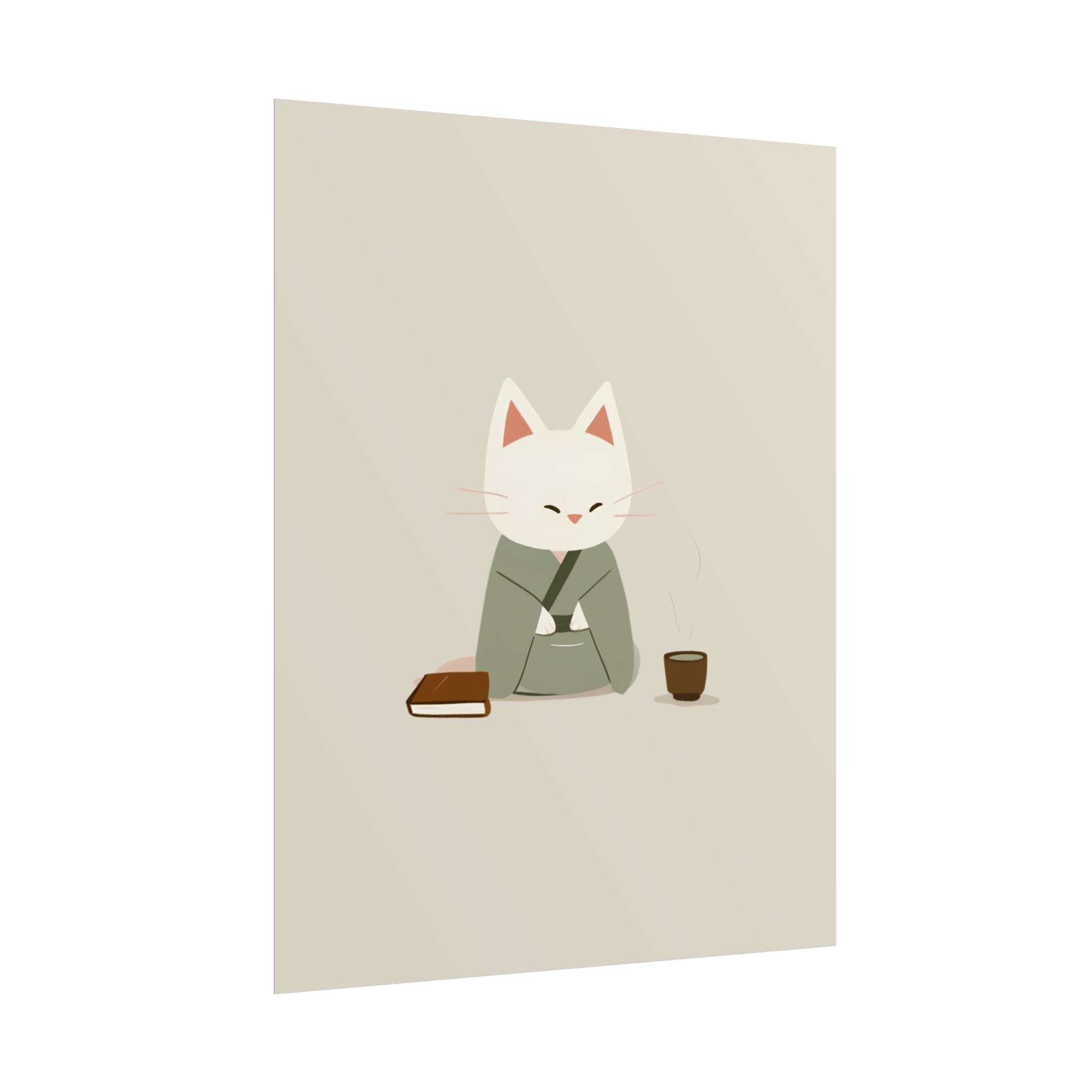 Zen Cat Poster – Minimalist Japanese Tea & Book Wall Art