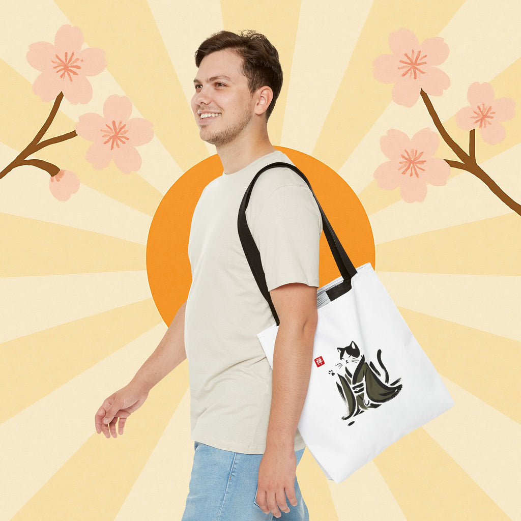 Zen Cat Tote Bag — Japanese Sumi-e Style Cat Illustration