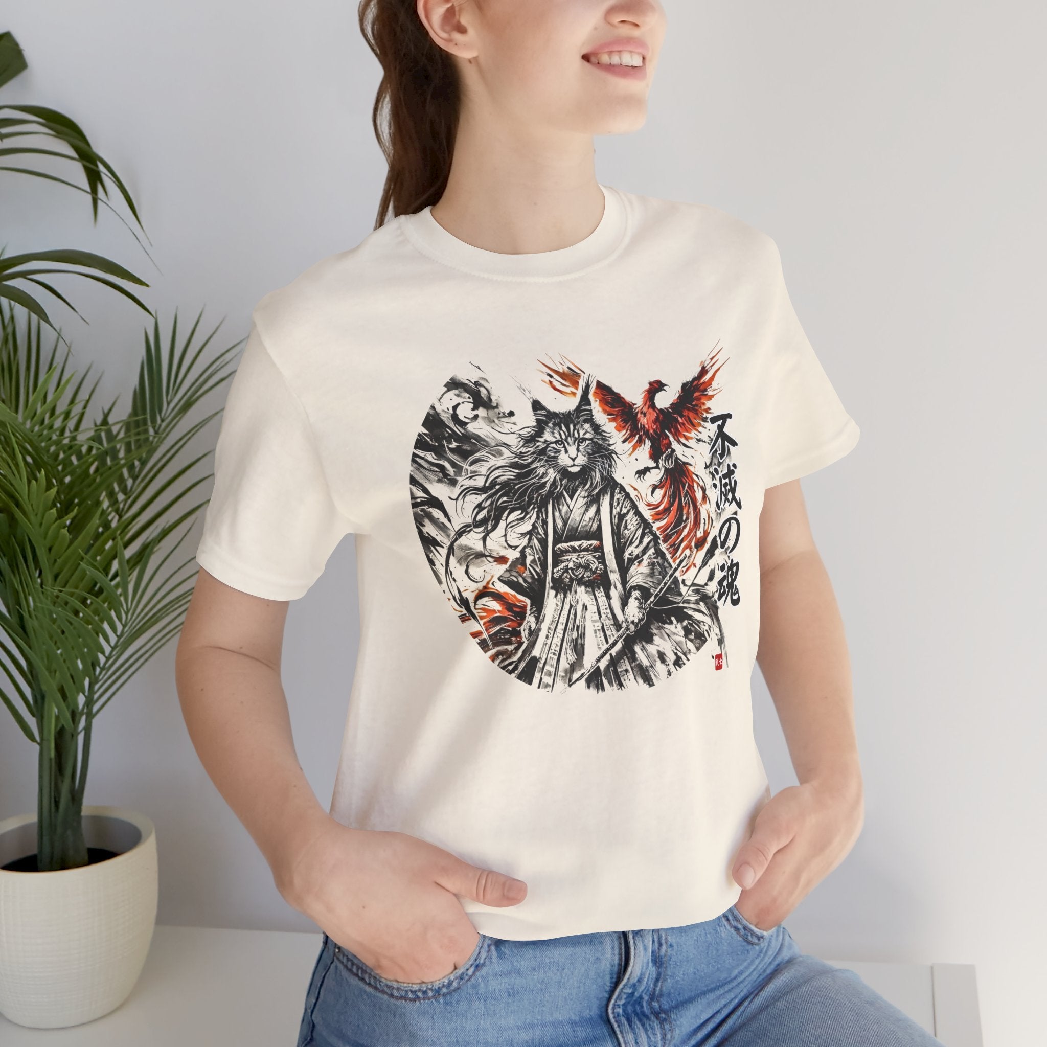 Indestructible Soul – 不滅の魂 | Samurai Cat & Phoenix T-Shirt