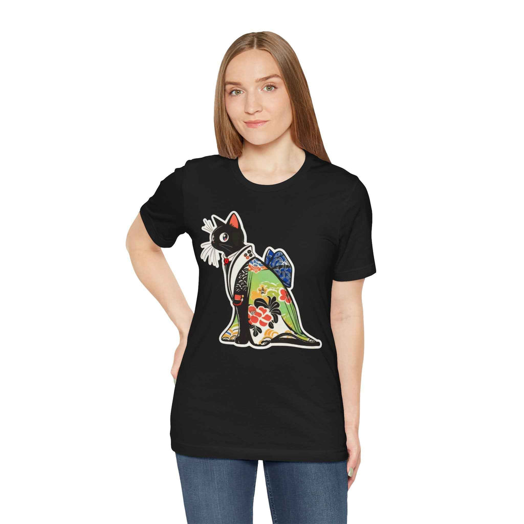 Cat Kimono T‑Shirt — Japanese Floral Black Cat Graphic Tee