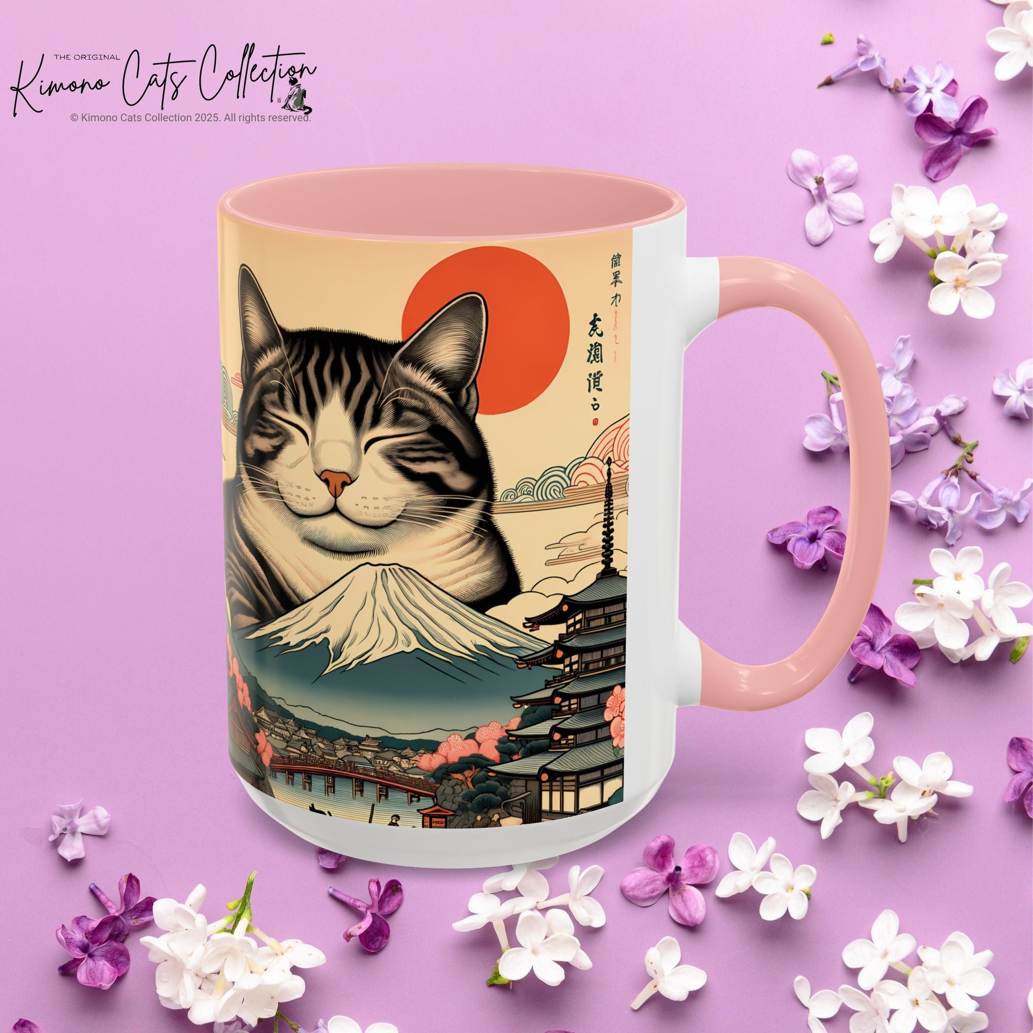 Japanese Fuji Cat Mug - Ukiyo-e Style Gift for Cat Lovers, Pet Mom Coffee Cup, Sleepy Neko Art Design