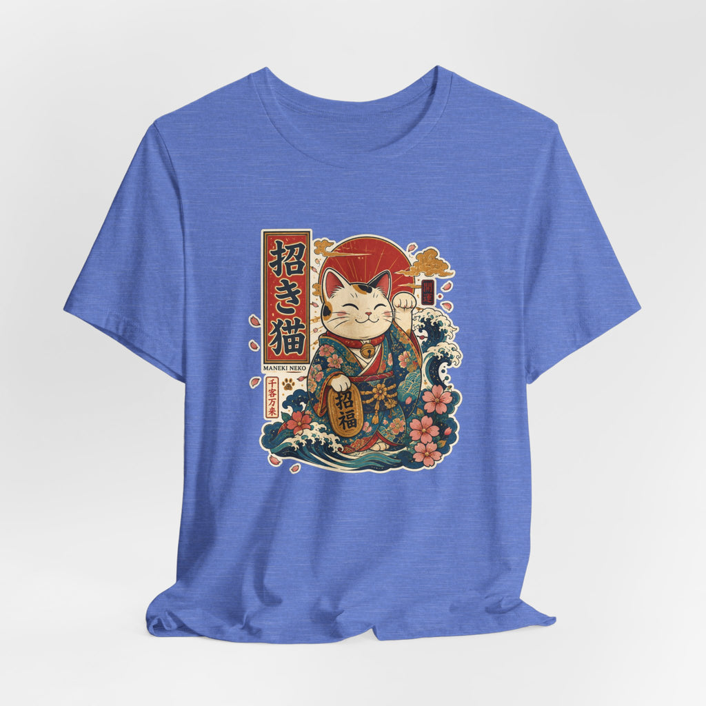 Maneki Neko Lucky Cat T-Shirt — Japanese Wave & Floral Good Fortune Tee