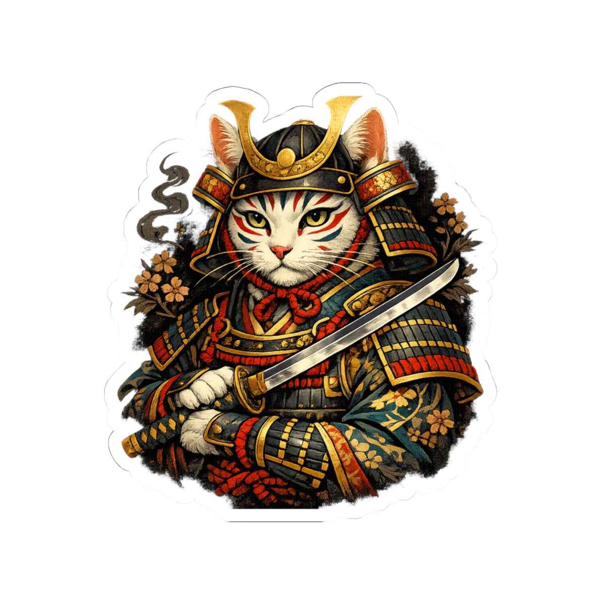 Samurai Cat Illustration Sticker | Kiss-Cut Sticker