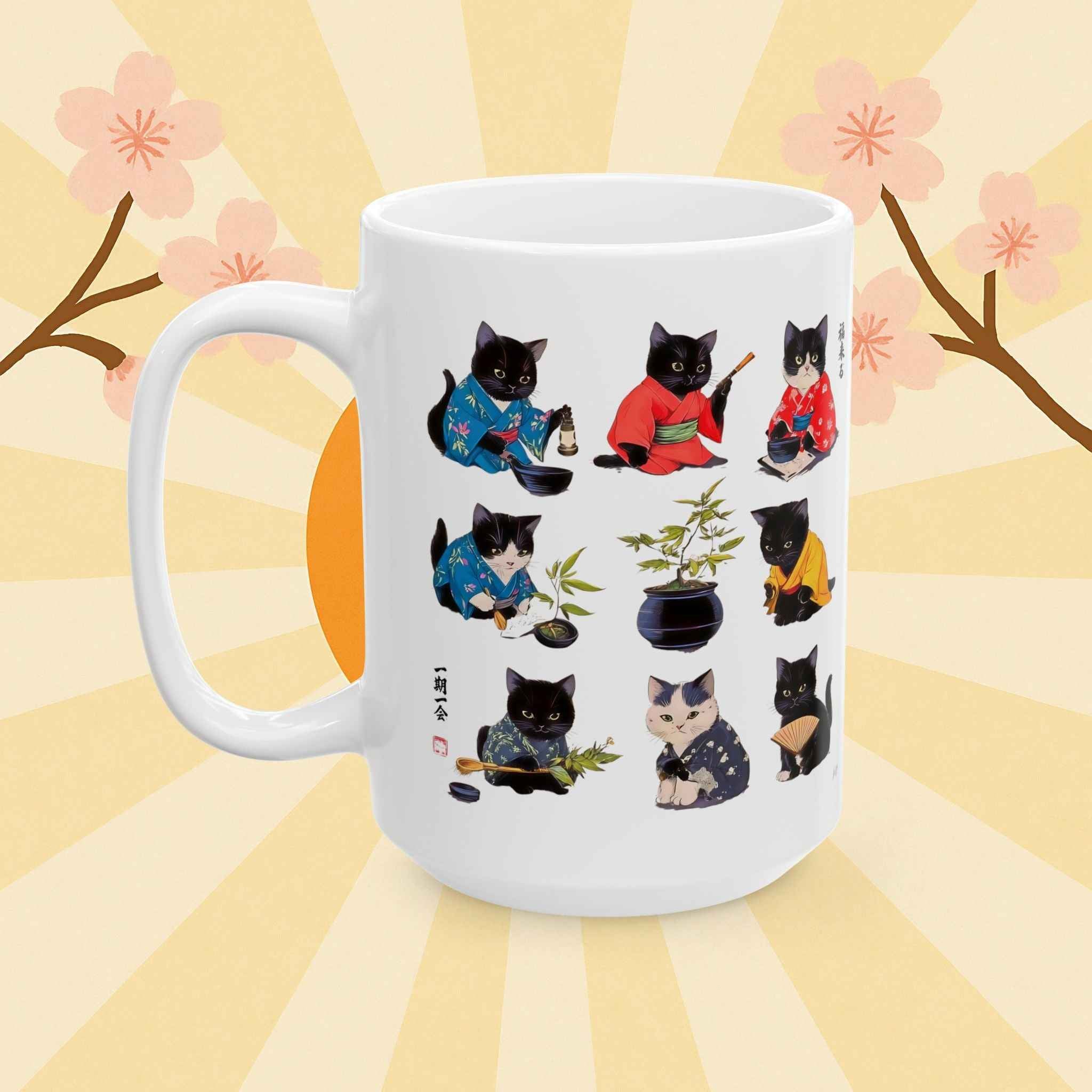 Hobby Cats in Kimonos Mug - Cute Cat Lover's Gift Featuring Adorable Feline Art
